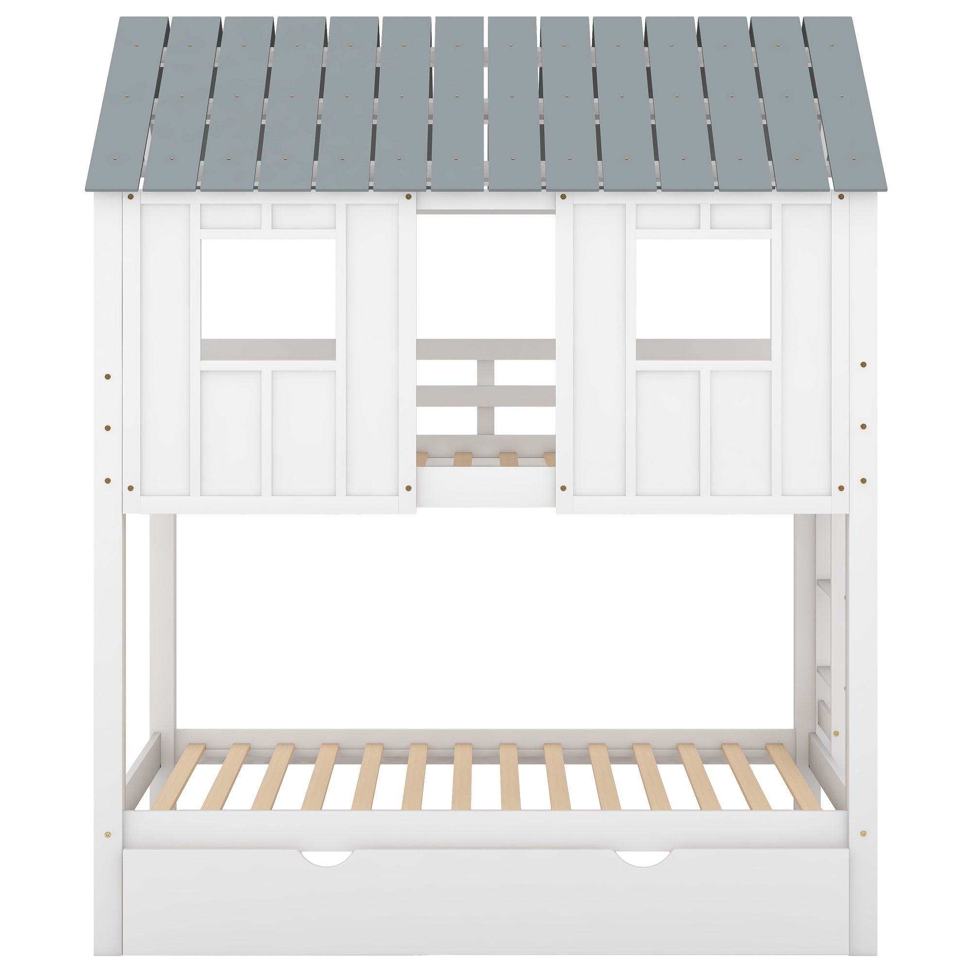 Twin Size House Bunk Bed With Trundle, Roof And Windows - White / Gray