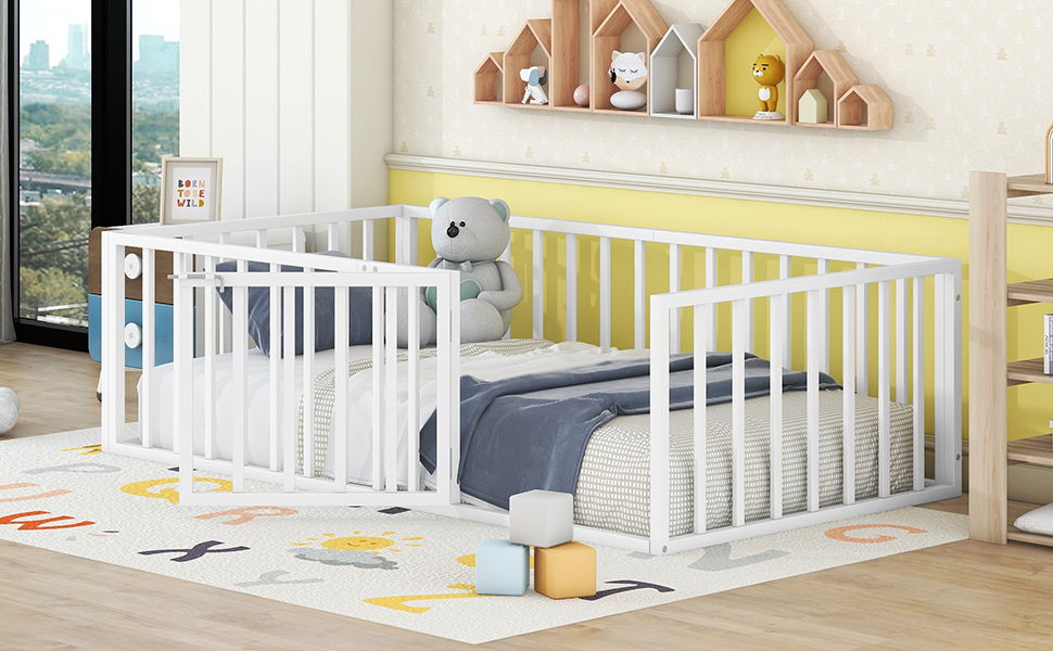 Metal Floor Bed Frame With Fence And Door