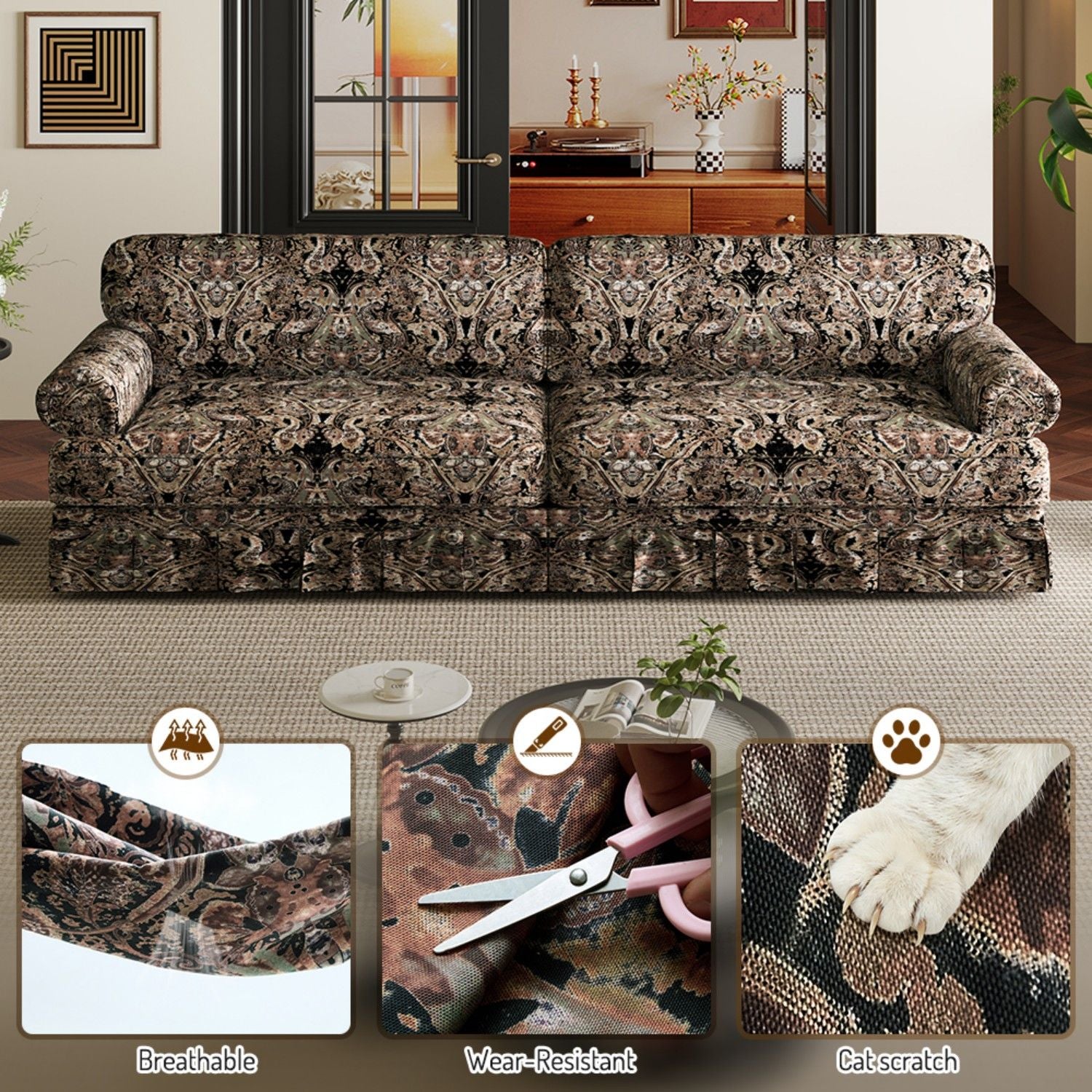 Luxuriously Comfortable Cloud Couch Sofa With Elegant Rolled Arms & Pleated Skirt Design