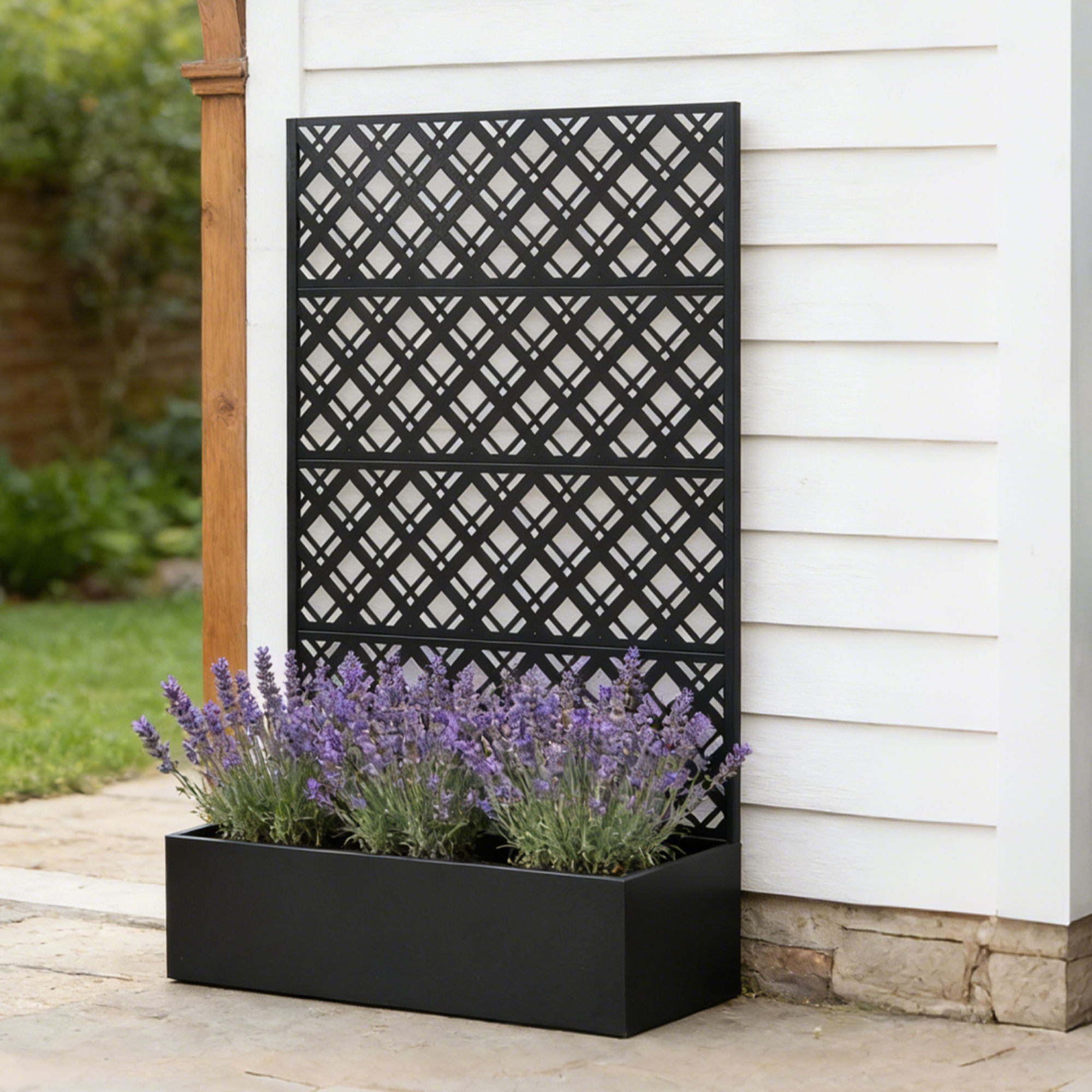 Rhombus Planter Raised Garden Bed With Trellis For Climbing Plants - Black