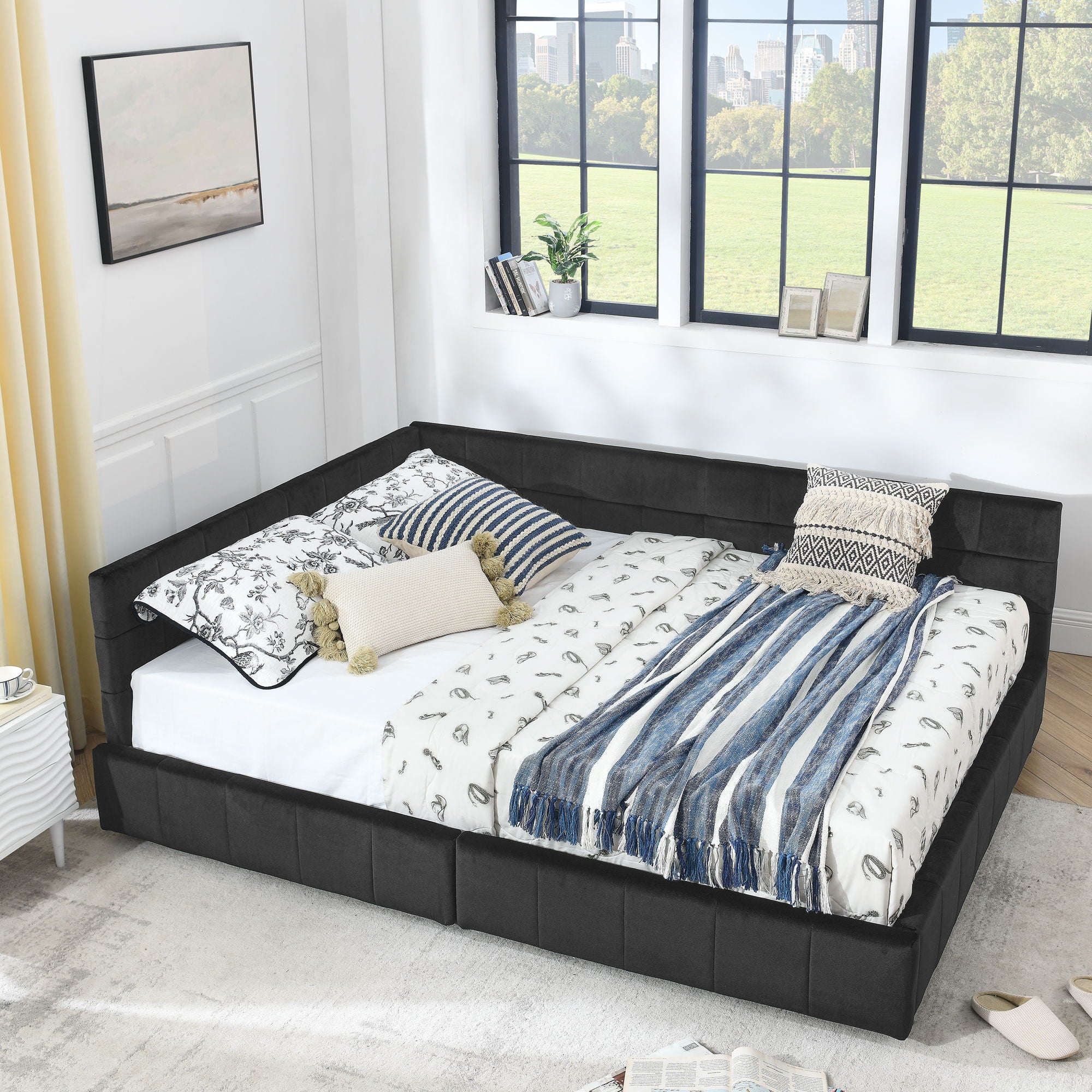 Mid-Century Storage Upholstered Tufted Bed Frame With Backrest And Armrests