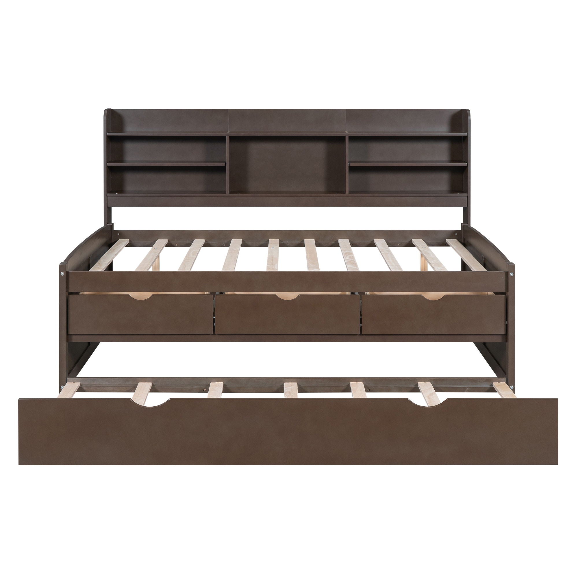 Captain Bed With Built In Bookshelves, 3 Storage Drawers, And Trundle