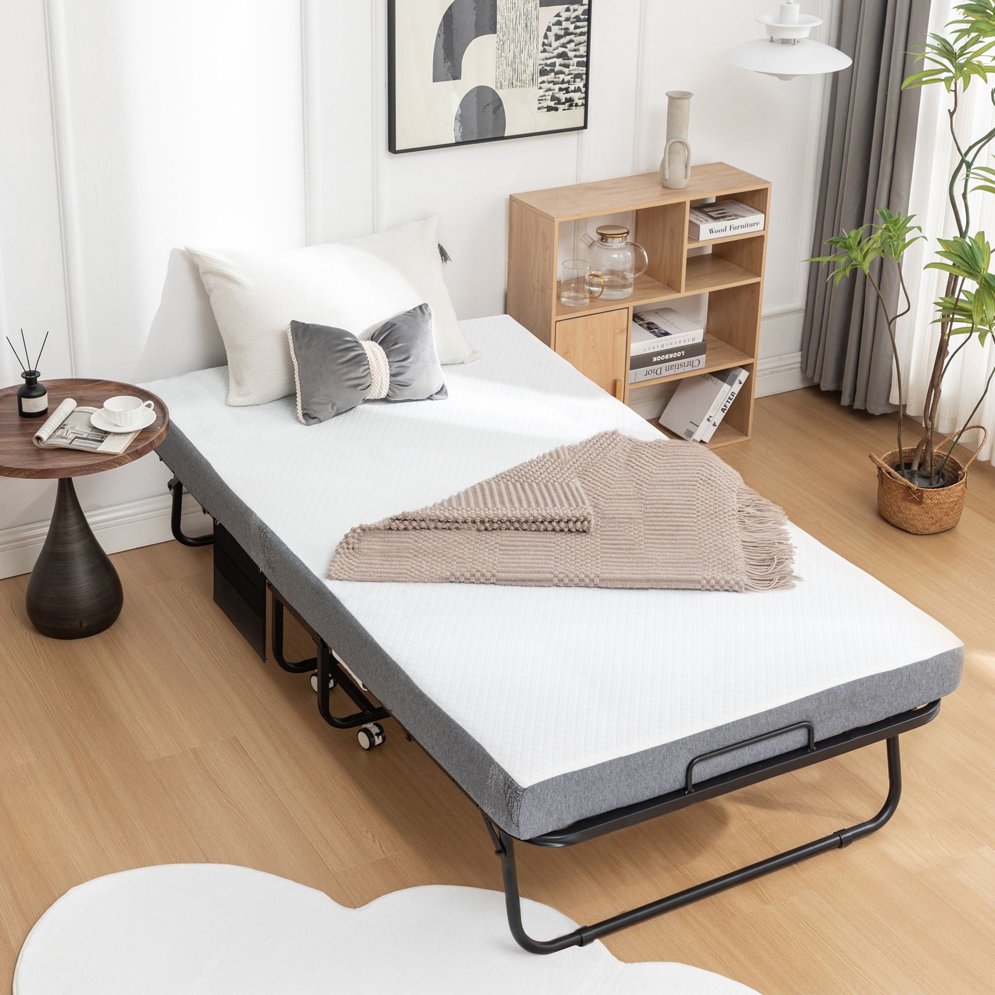 Foldable Metal Frame Bed For Guest With Memory Foam Mattress On Wheels, Saving Space Rollaway Bed