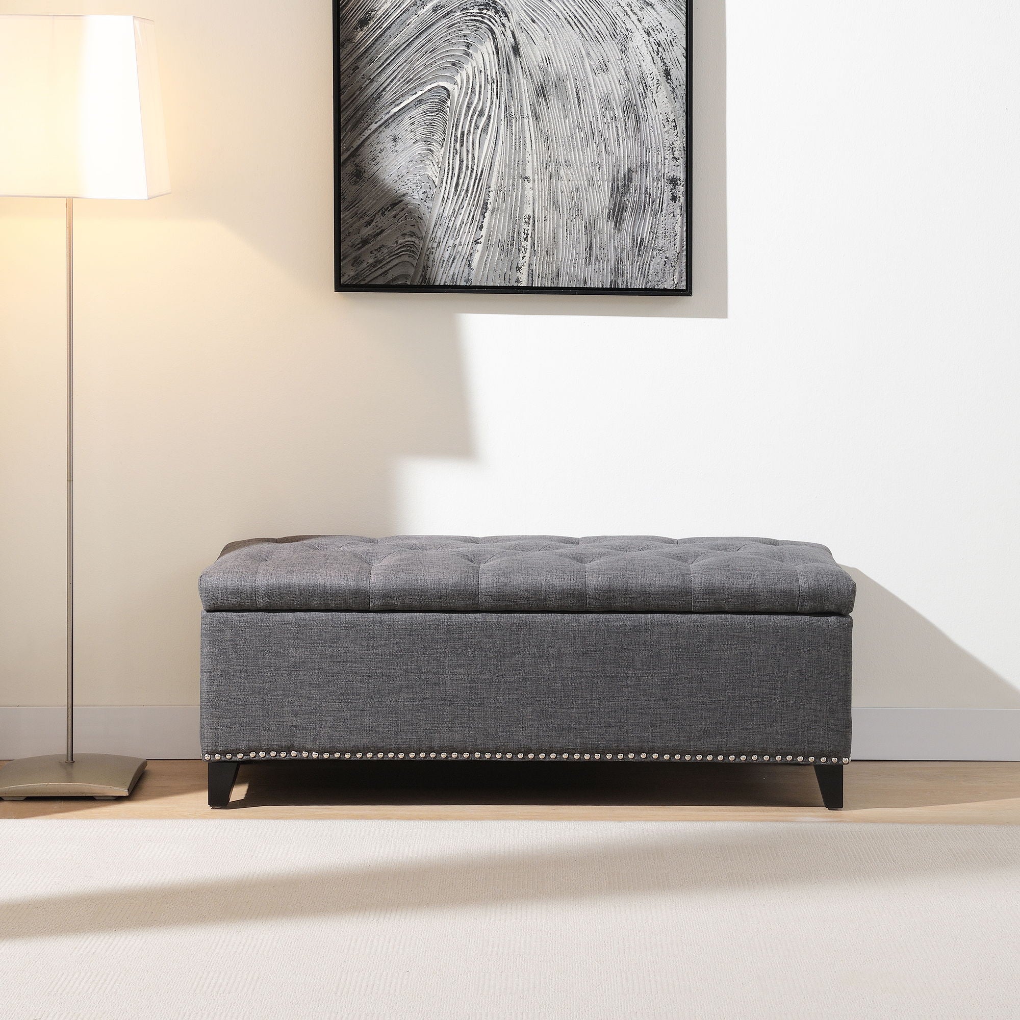 Button-Tufted Storage Ottoman With Safety Close Hinge