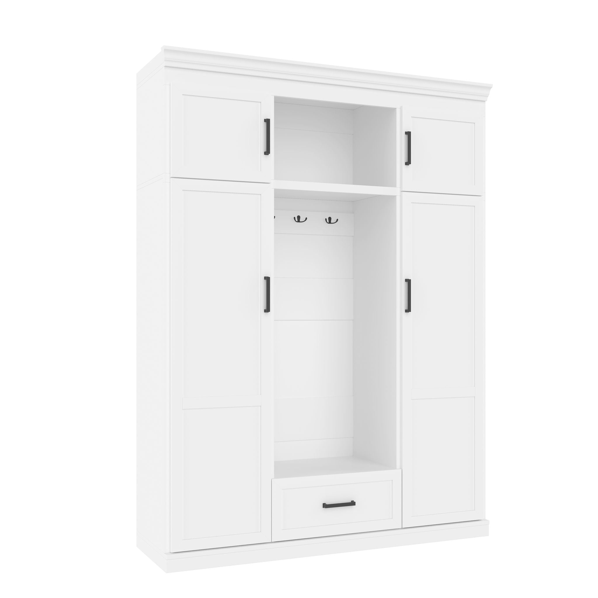 Hall Tree With Bench And 3 Hooks, Modern Entryway Storage Organizer Cabinet With 4 Doors, 1 Drawer And Adjustable Shelves