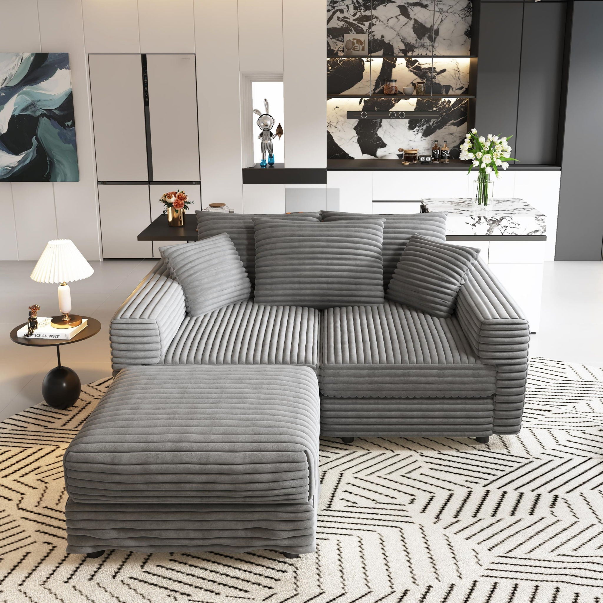 Deep Seat Convertible Sofa With Soft Pillows And Ottomans