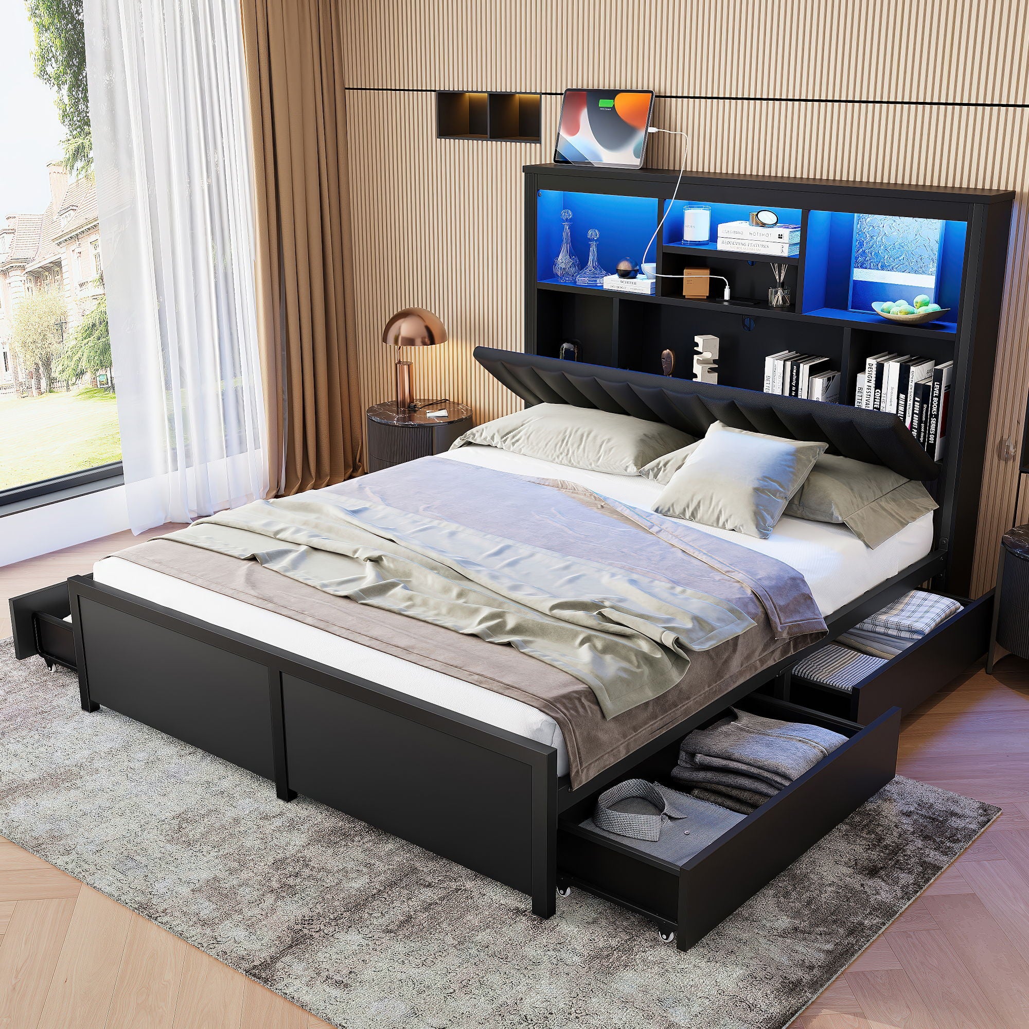 Bed Frame With High Storage Headboard, LED Light And Charging Station, 4 Storage Drawers