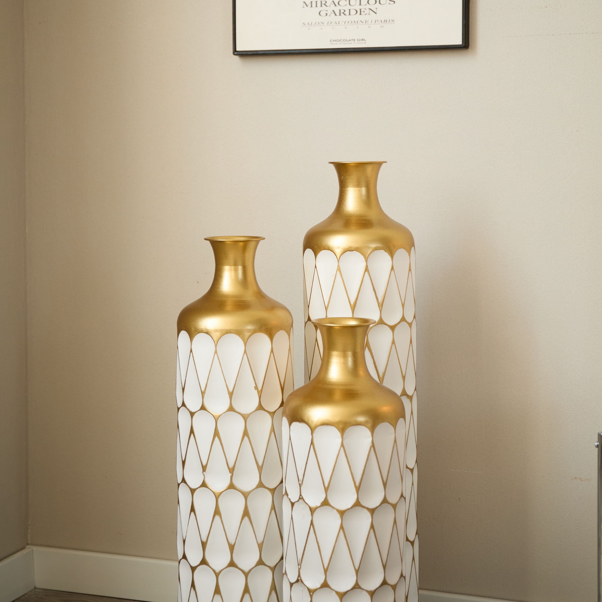 Floor Metal Vase Modern Style Decoration Home Droplet Shaped Metal Vase 3 Piece Set Gorgeous Home Decoration Large Glazed Metal Vase - Gold / White
