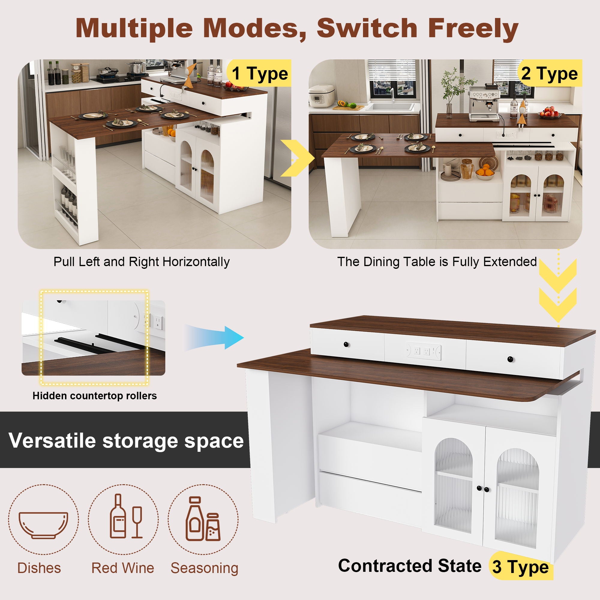 Retro Kitchen Island Set With Chairs, Extendable & Rotating Table, 4 Drawers & Door Cabinets