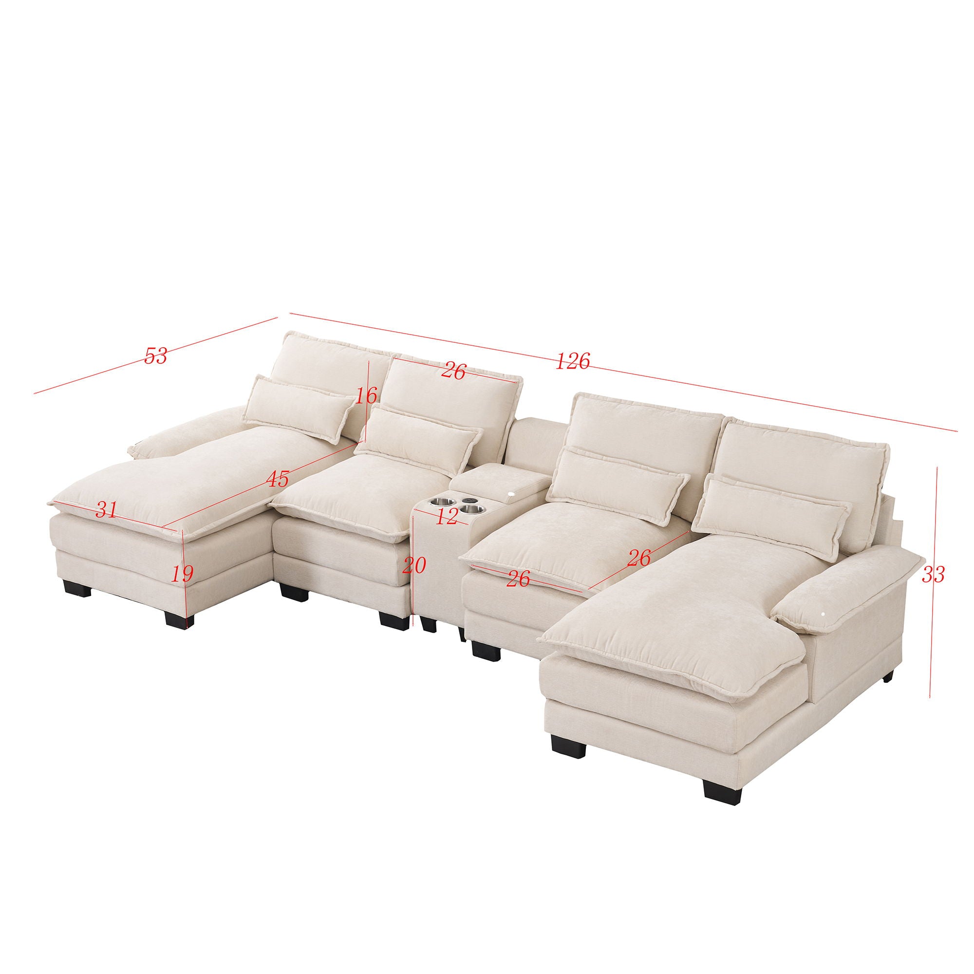 U Shaped Sofa With Console, Cupholders, USB Ports, 6 Seat, Bronzing Suede &