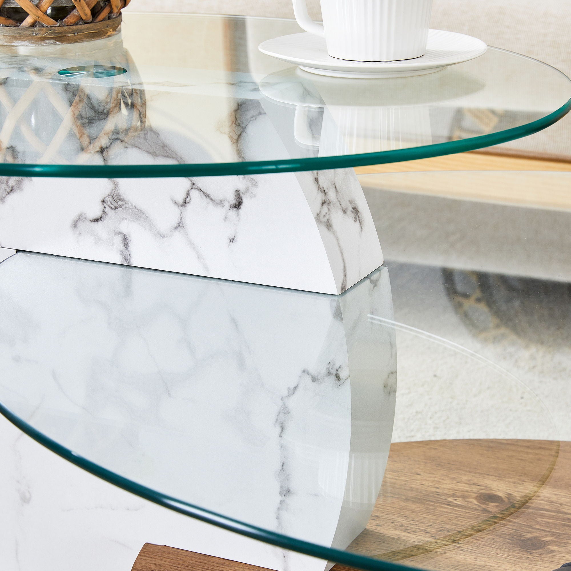Contemporary Artistic Double Layer Coffee Table, Tempered Glass Top