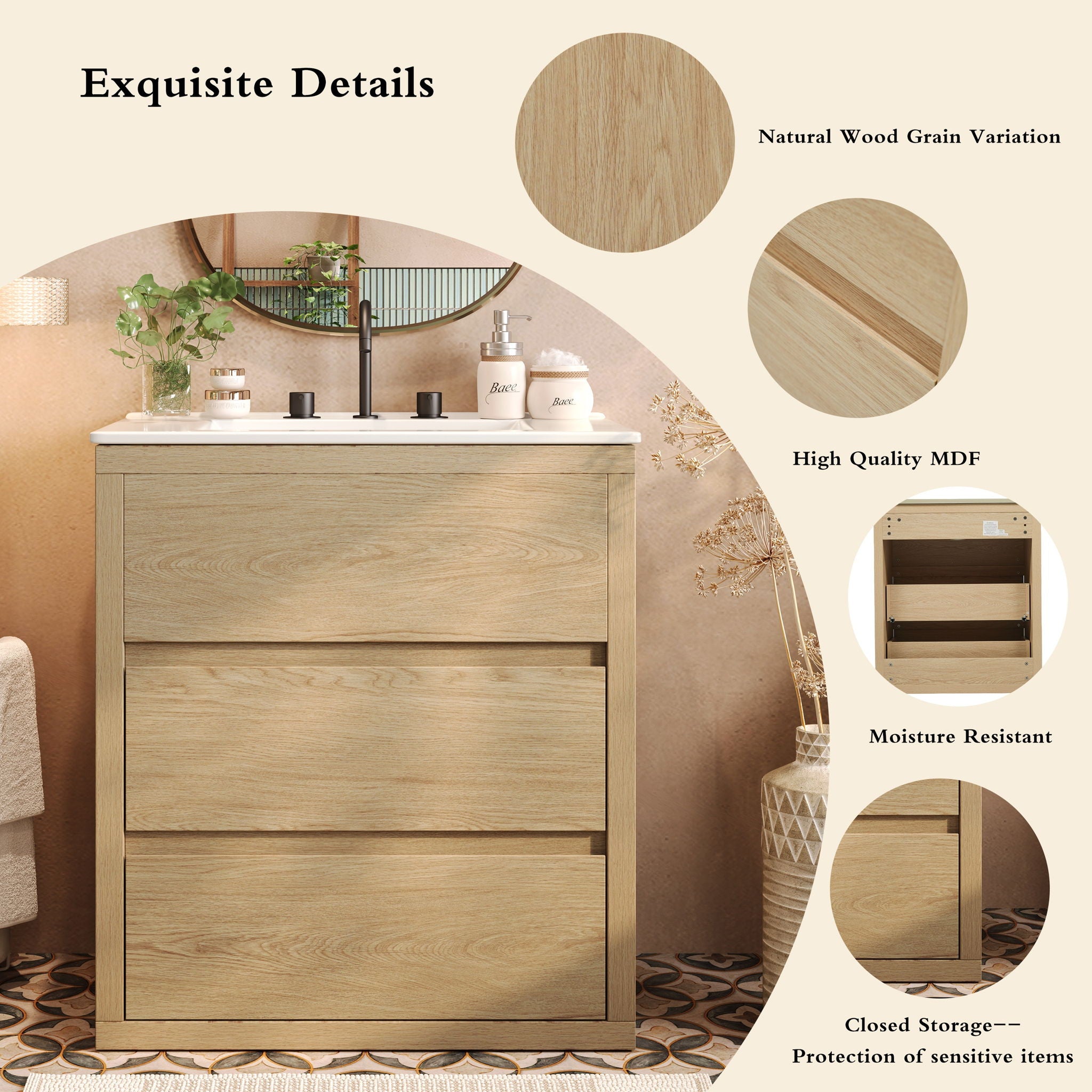 Freestanding Bathroom Vanity With Ceramic Sink, 2 Full Extension Drawers