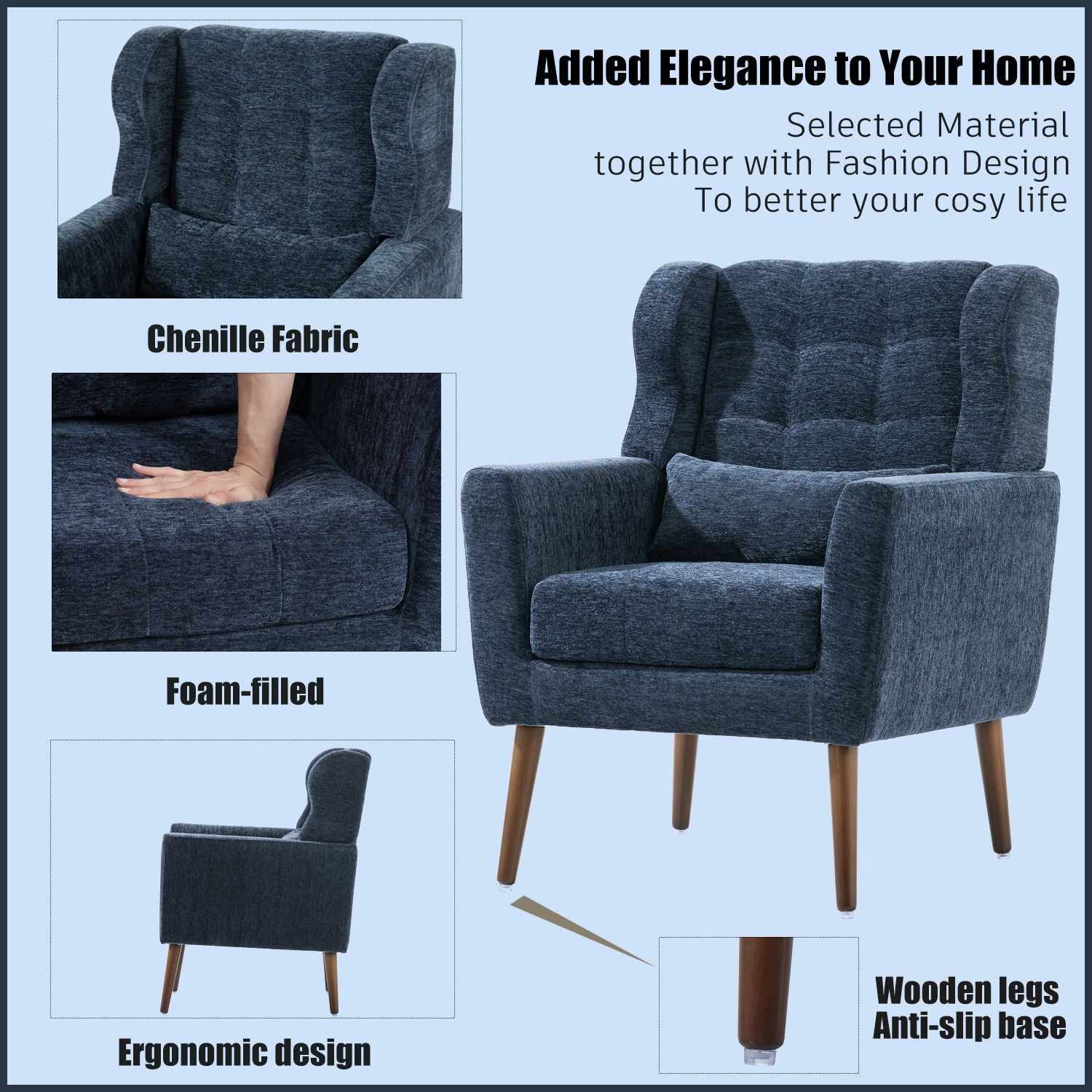 Modern Accent Chair, Arm Chairs For Living Room, Upholstered Mordern Armchair, Comfy Soft Padded Lounge Chair In Small Space, Bedroom, With Pillow, Solid Wood Leg