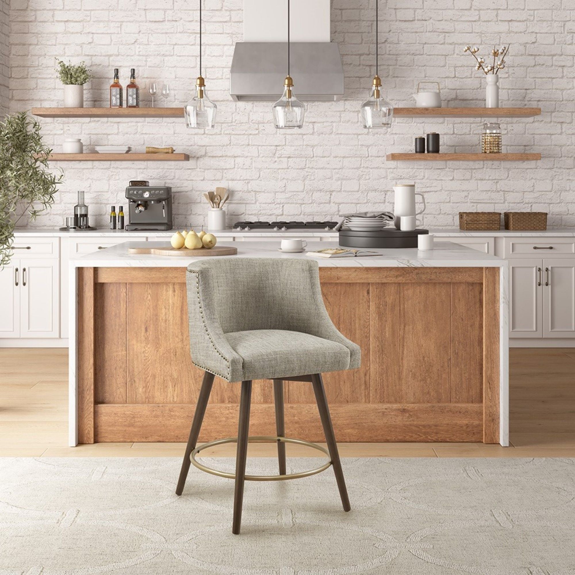 Swivel Counter Stool With Antique Bronze Detailing - Beige Multi