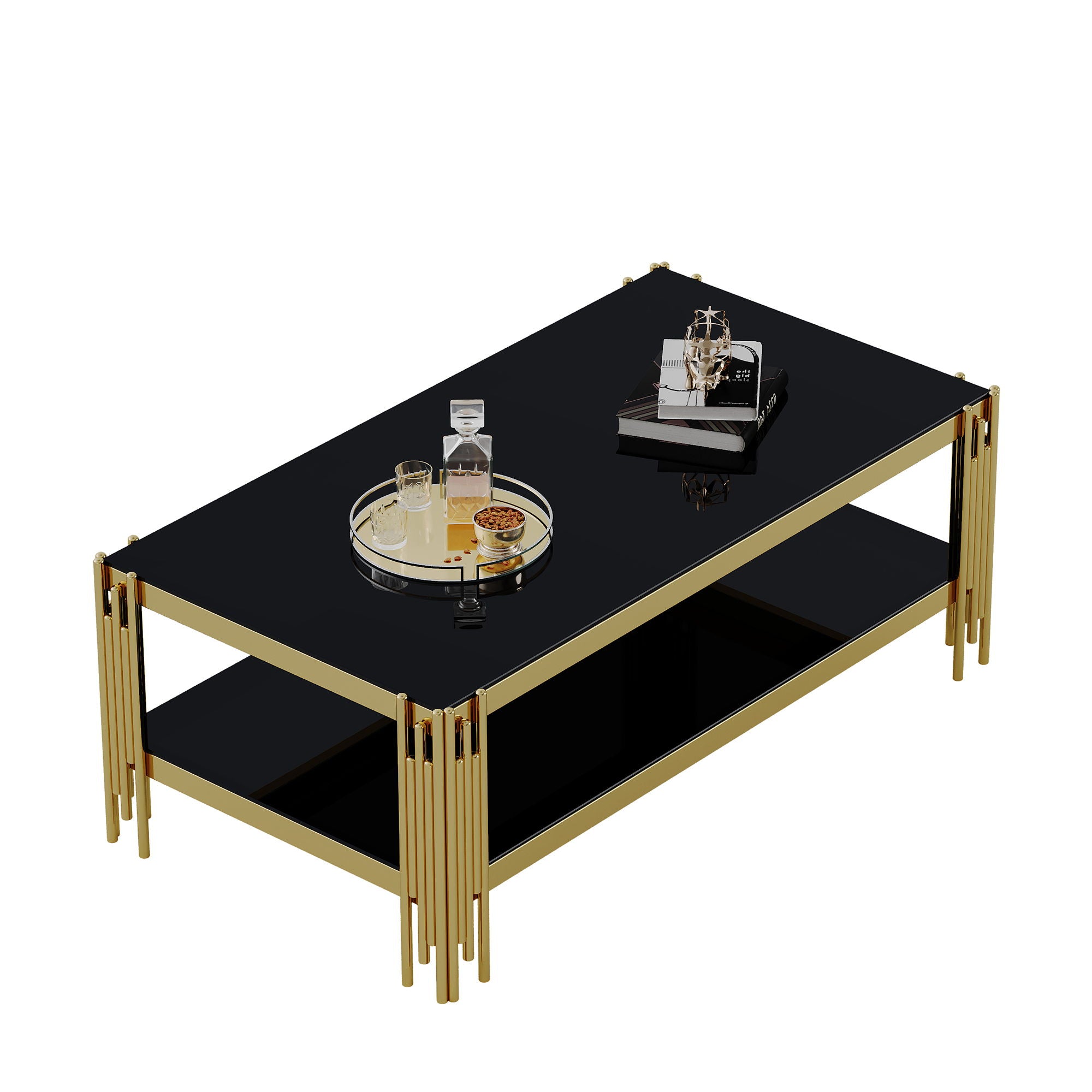 Top And Bottom Double Layer Tempered Glass Table And Mirror Finished Stainless Steel Frame