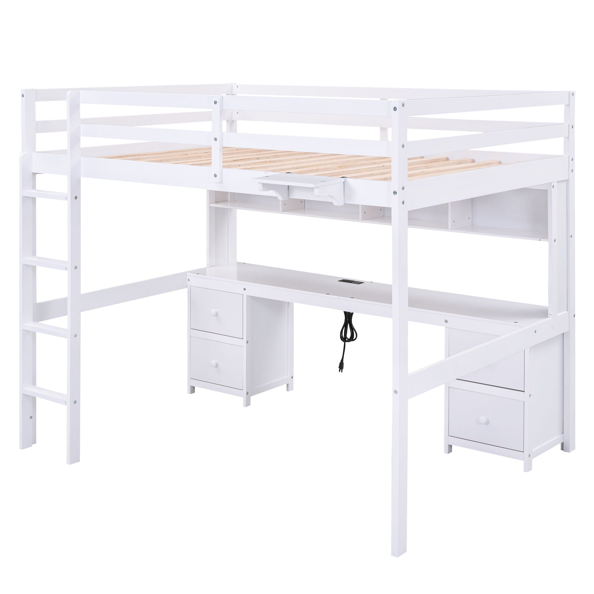 Loft Bed With Desk, Cabinets, Drawers, Charging Station And Bedside Tray