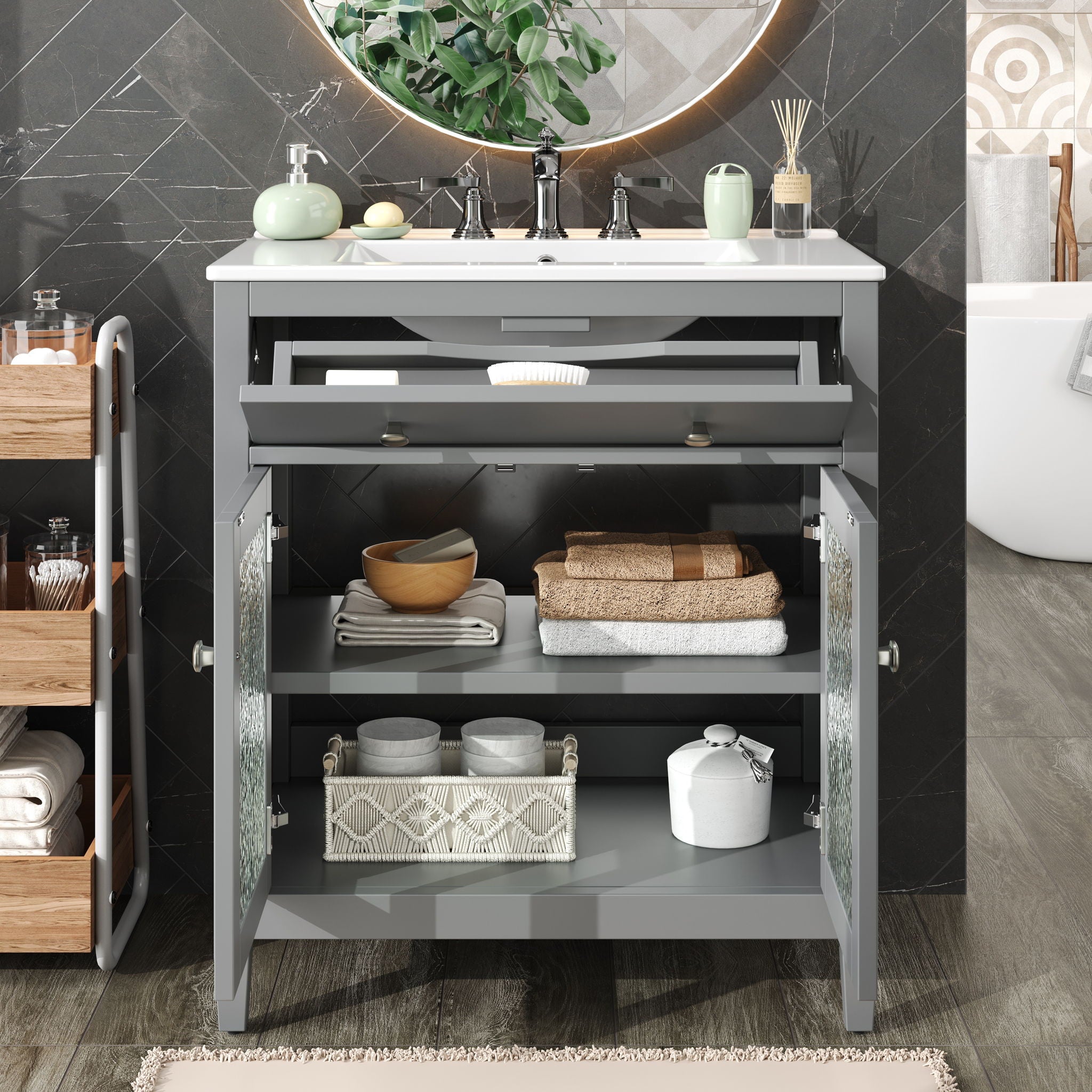 Bathroom Vanity With Ceramic Sink, Adjustable Shelf & Tip Out Tray