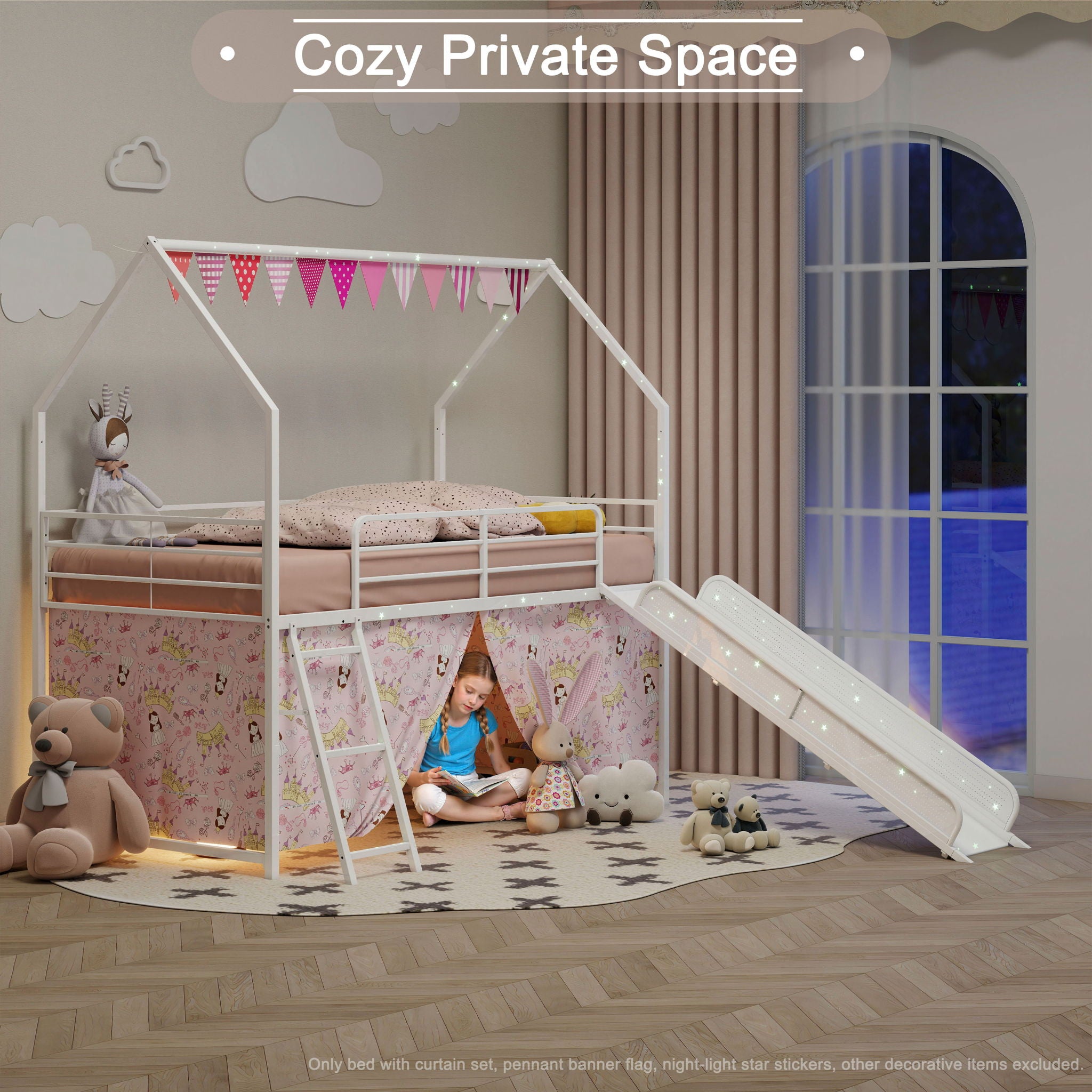 Jack - House Loft Bed With Slide And Curtain Set