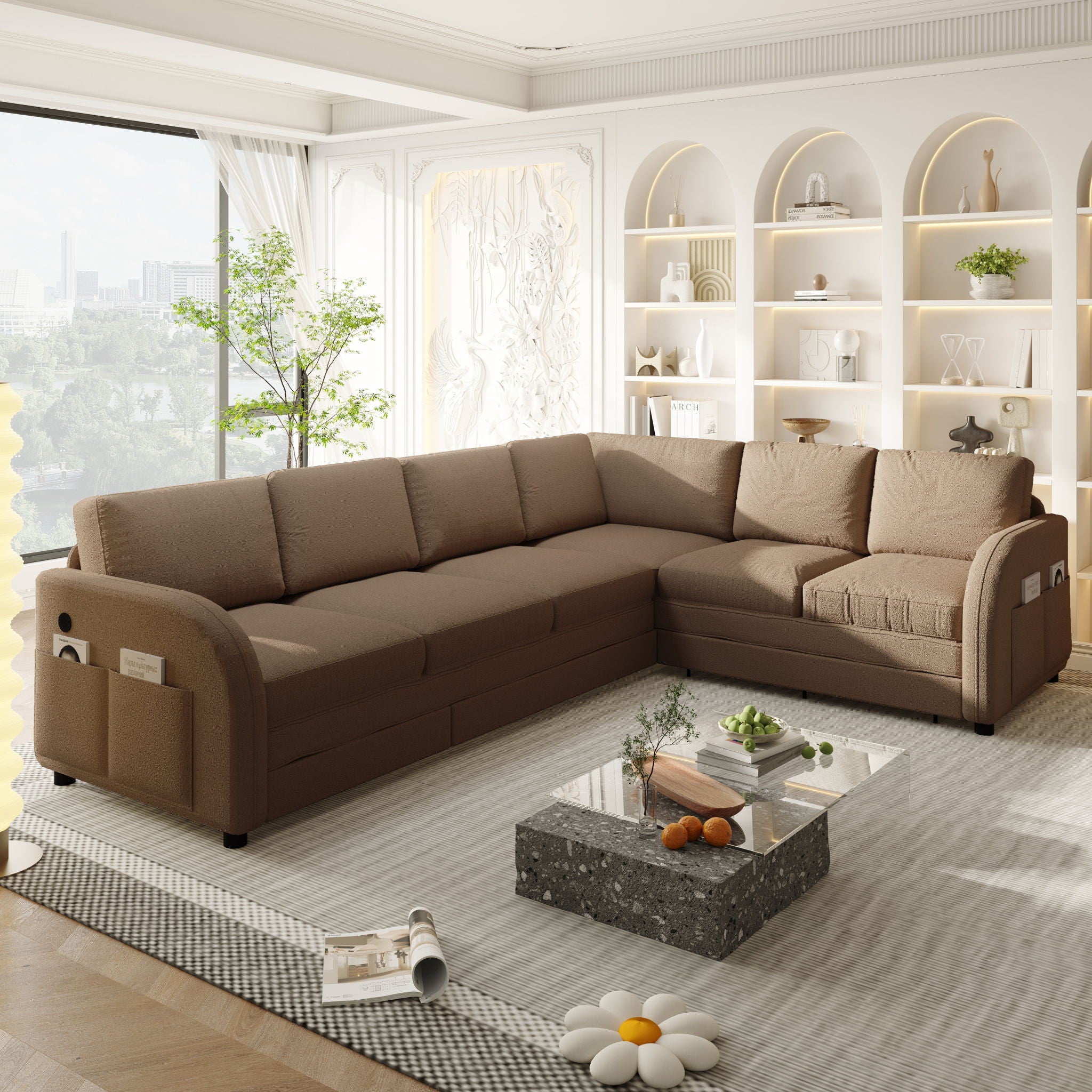 L-Shaped Couch With Pull-Out Bed, Convertible Sleeper Sofa With Side Pocket & USB Port