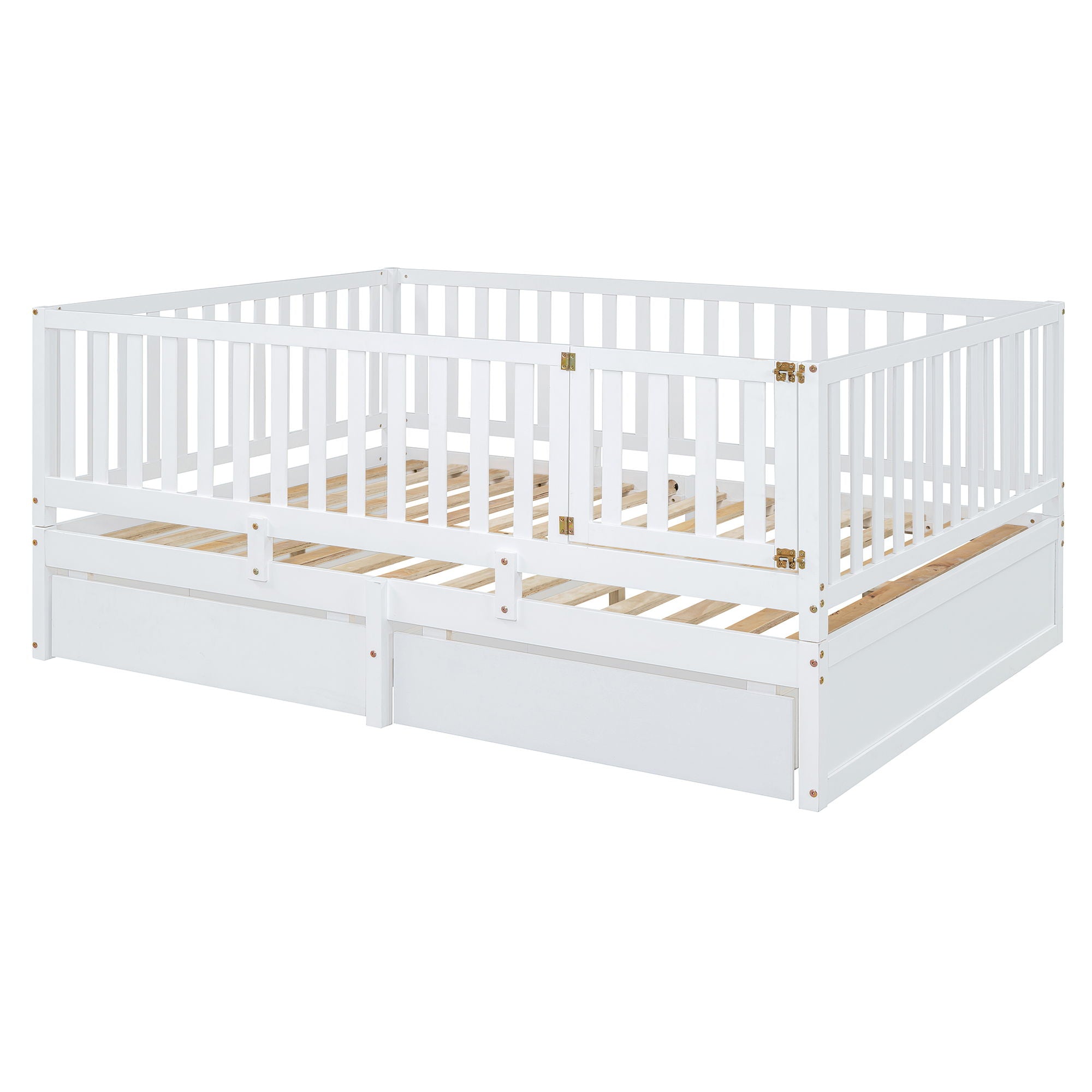 Daybed With Fence Guardrails And 2 Drawers, Split Into Independent Floor Bed & Daybed