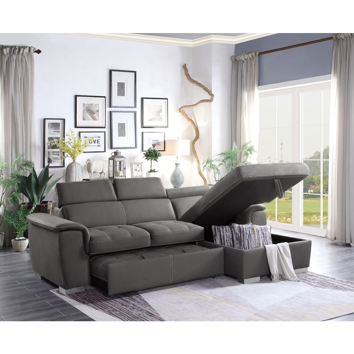 Ferriday - 2 Piece Sectional With Adjustable Headrests, Pull-Out Bed And Right Chaise With Hidden Storage