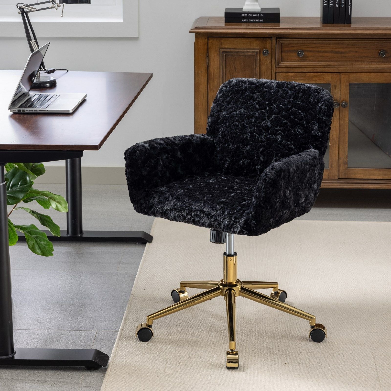 Office Chair, Artificial Rabbit Hair Home Office Chair With Metal Base, Adjustable Desk Chair Swivel Office Chair, Vanity Chair