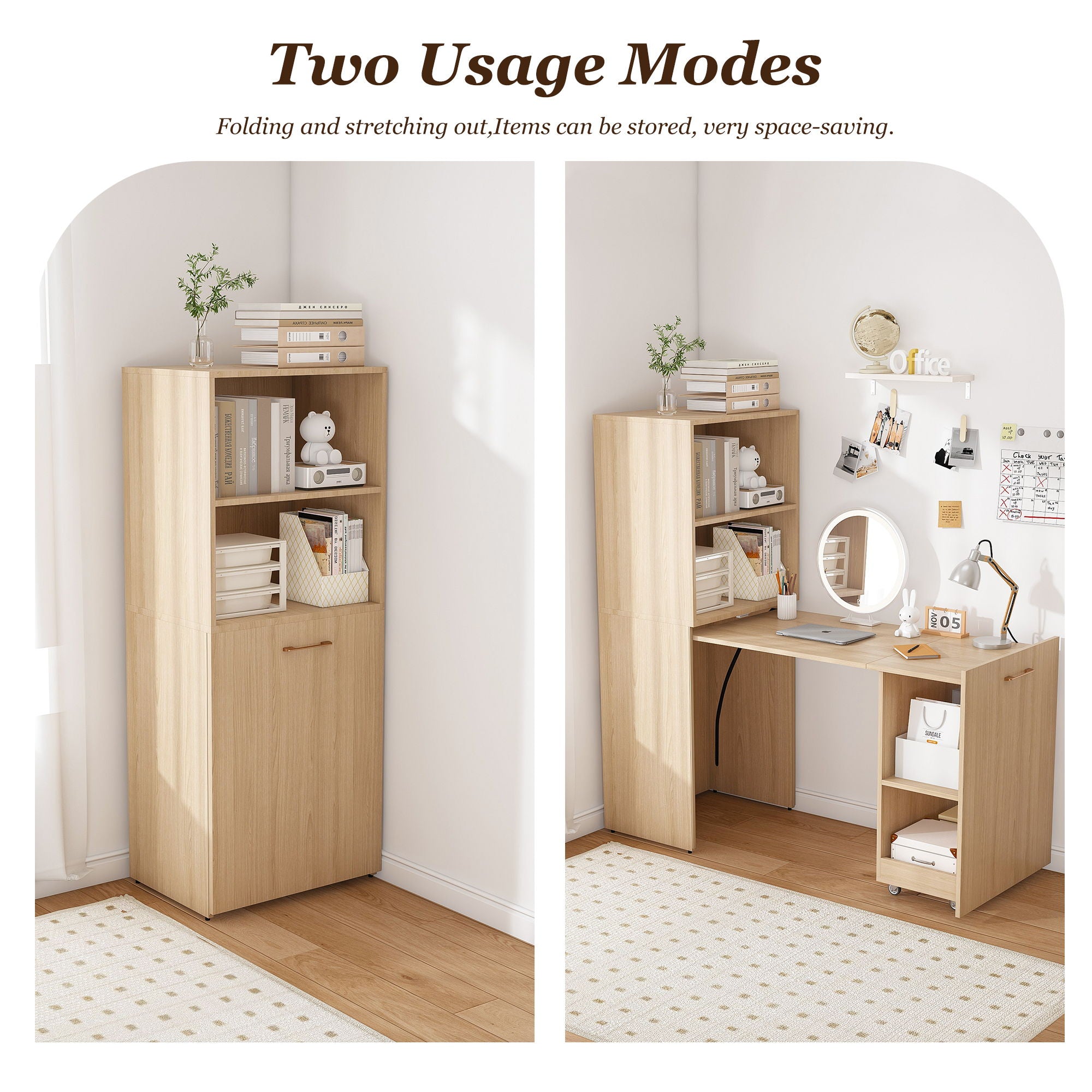 Stretchable Office Desk With Storage Shelves And Mobile Wheels