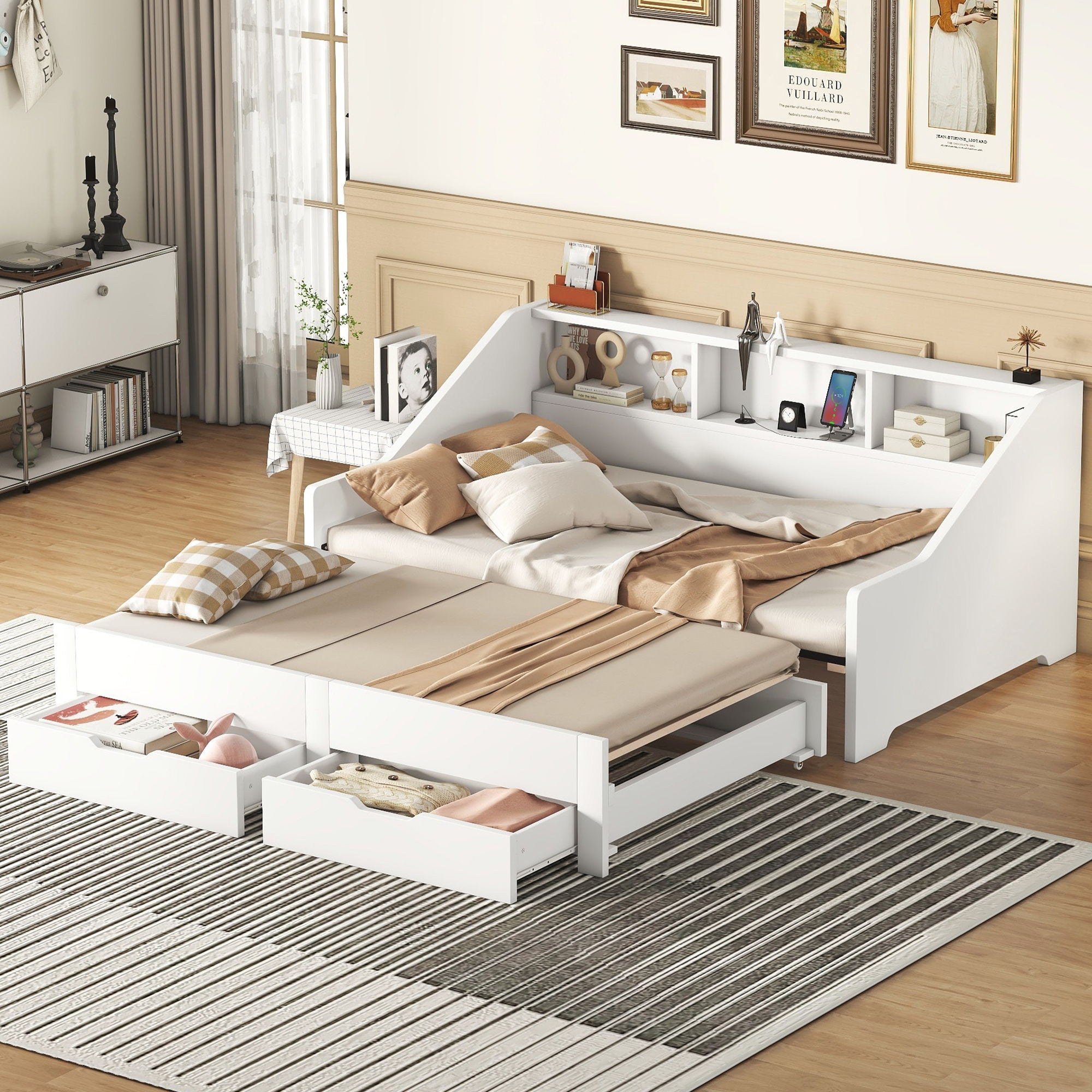 Daybed Frame With Storage Bookcases, 2 Drawers, Charging Station