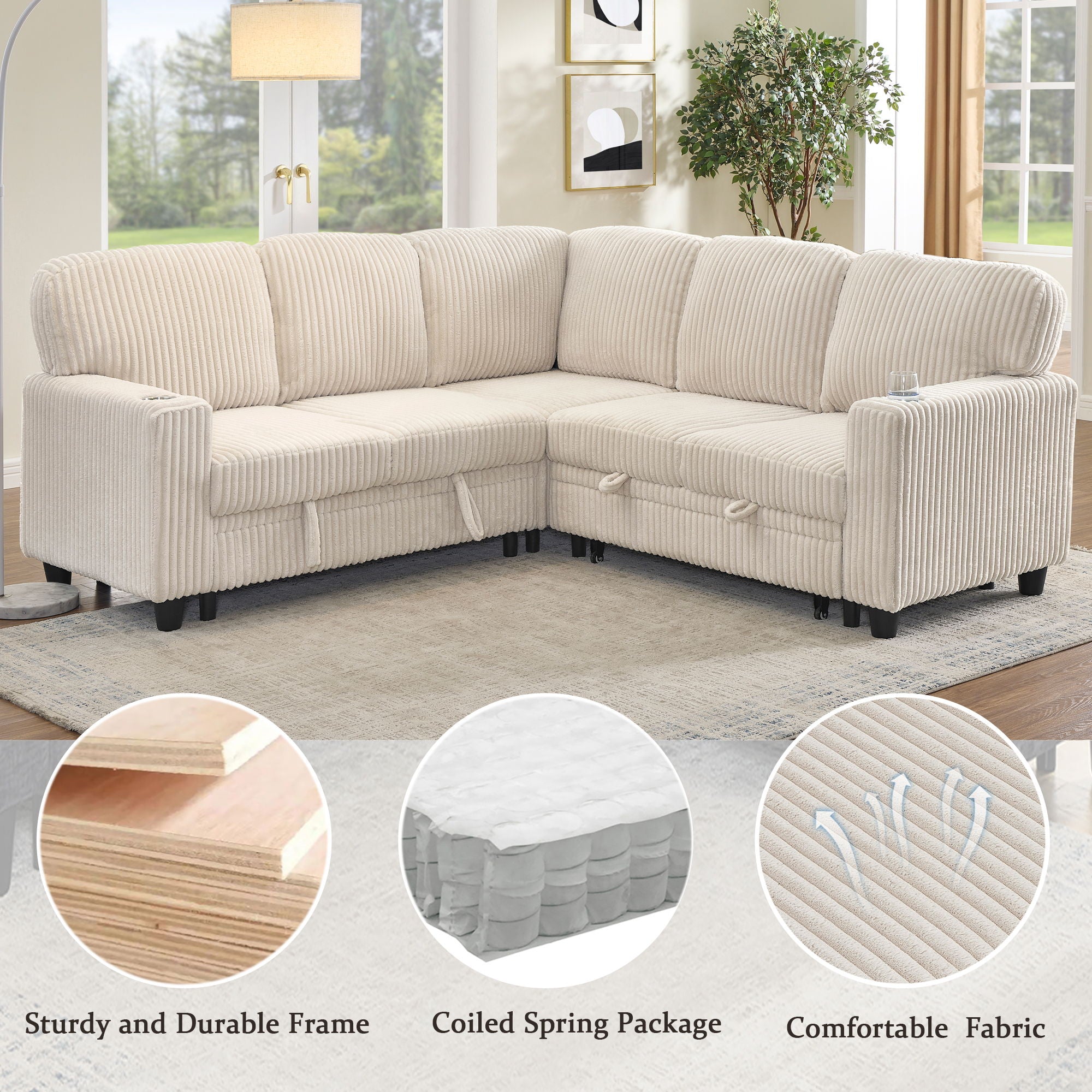 L-Shaped Sofa With Pull Out Sofa Bed With USB