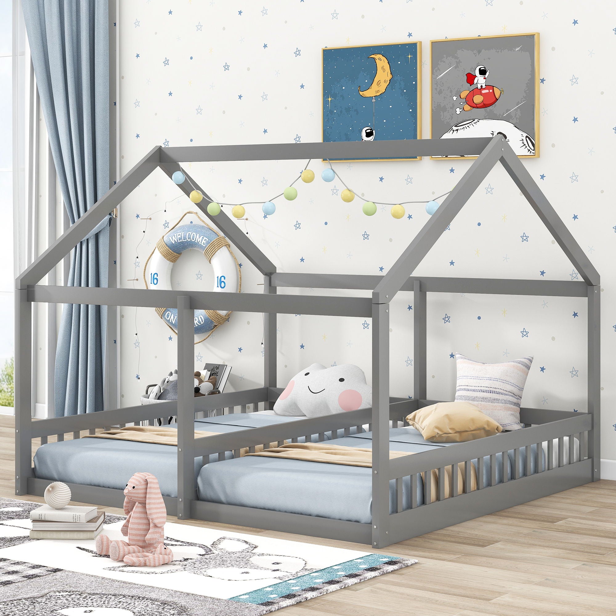 House Platform Beds, 2 Shared Beds, Metal Frame With Guardrails