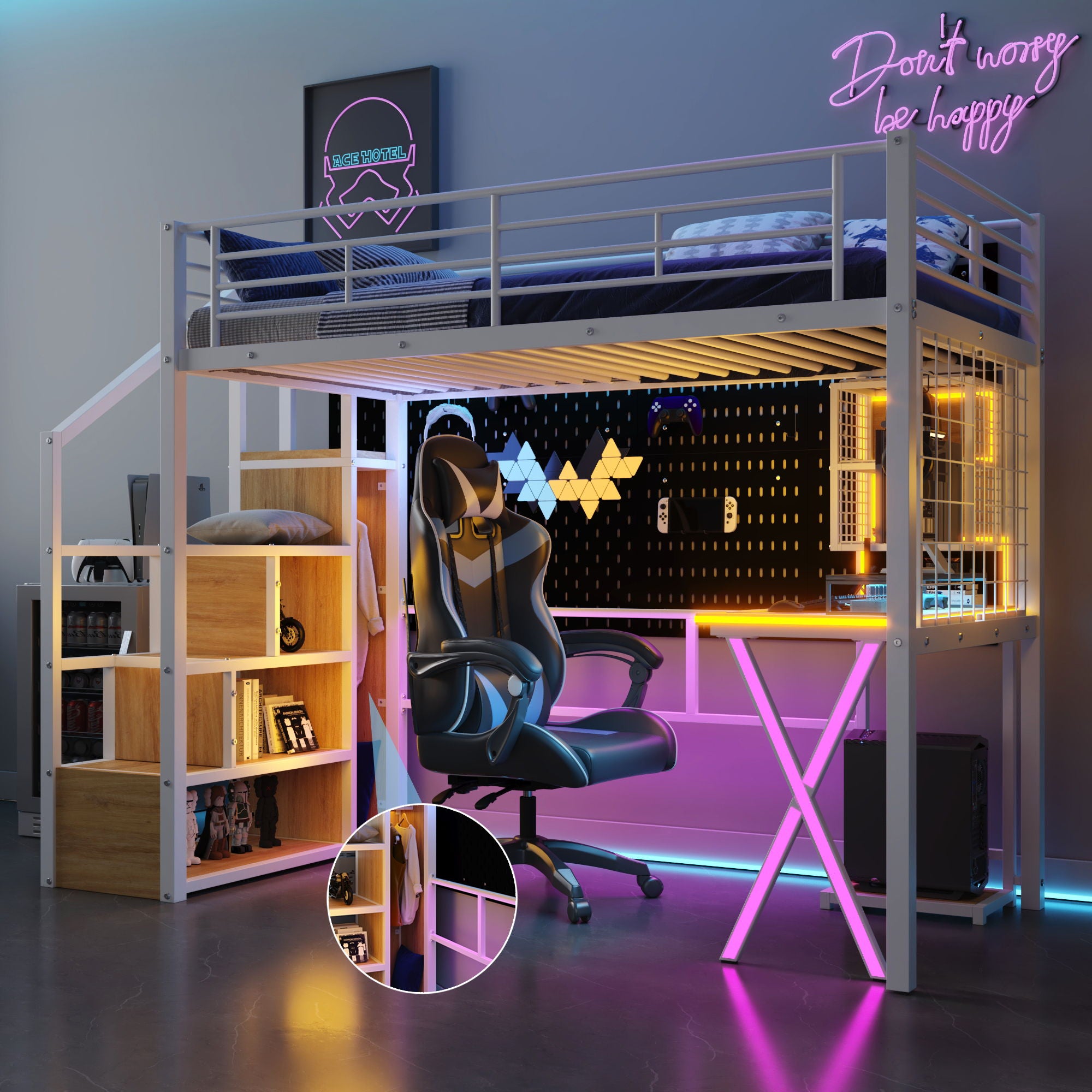 Loft Bed With Built In Work Station, Wardrobe, Storage Staircase And LED