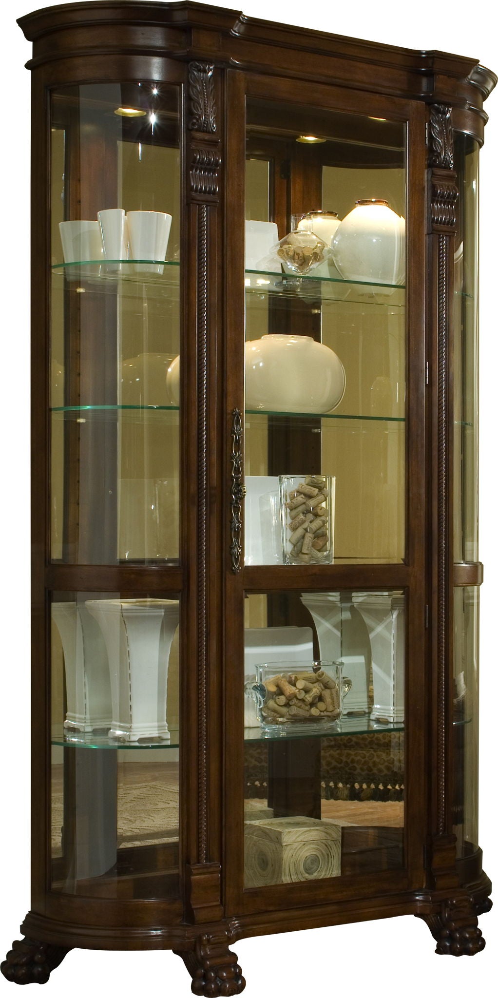 PFC Curios - Lighted Curved Front 4 Shelf Curio Cabinet - Maple Brown
