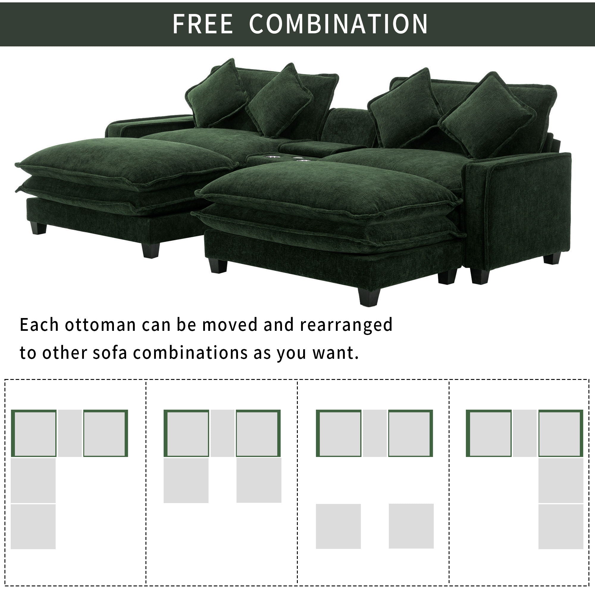 Sectional Sofa Upholstered Sofa With Two Removable Ottoman, Two USB Ports, Two Cup Holders And Large Storage Box For Living Room