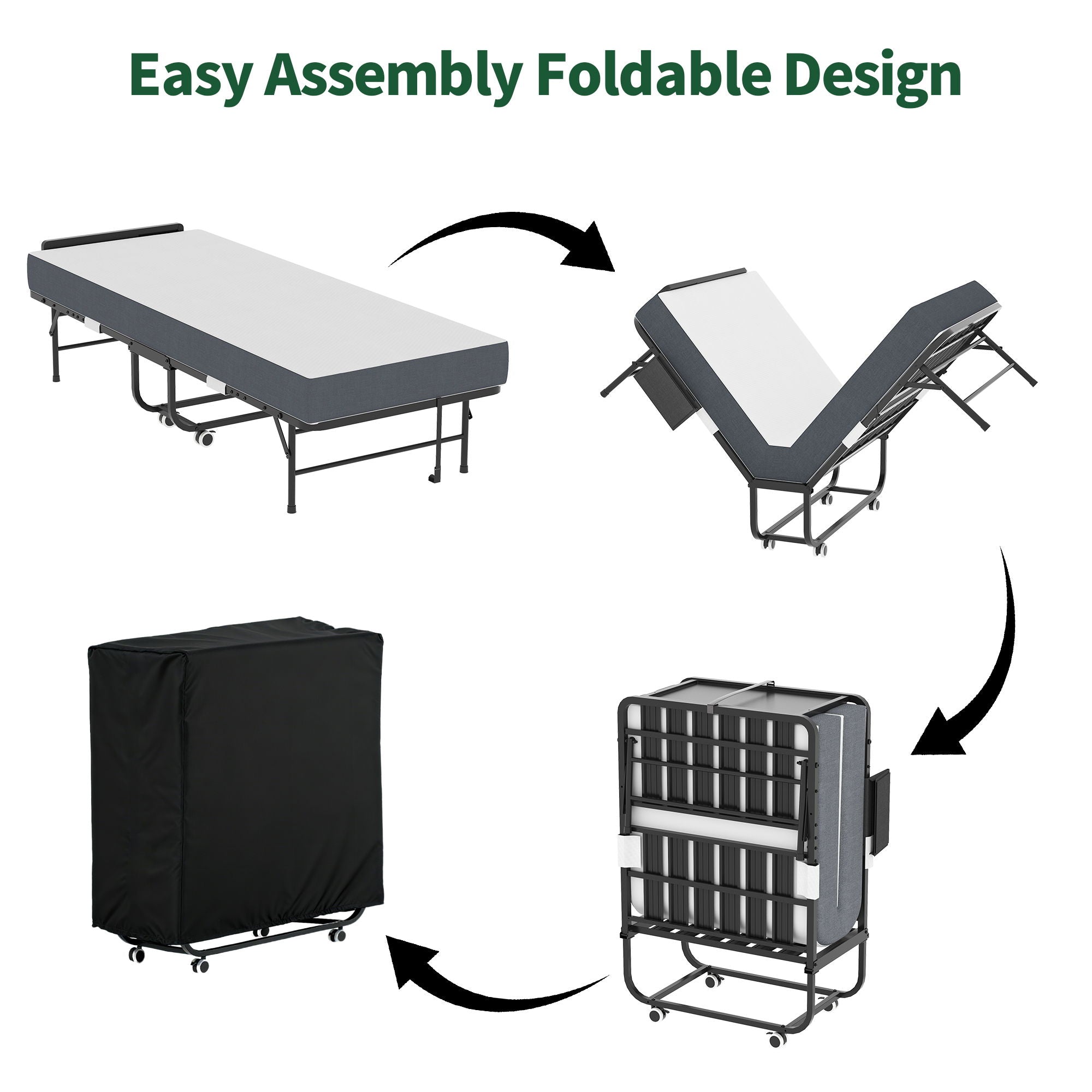 Twin Folding Bed With Adjustable Headboard & Memory Foam, Space Saving Rollaway Guest For Tall People, Portable On Wheels, Easy Assembly - Black