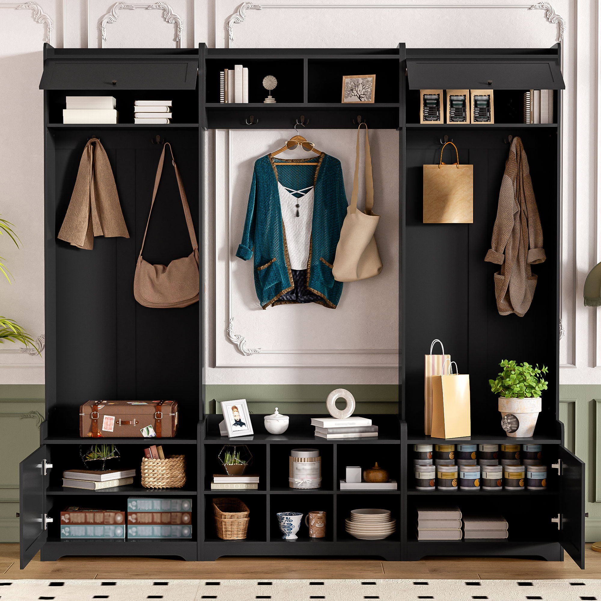 Wide Hall Tree With Shoe Storage, 4 In 1 Entryway Bench With 8 Cubbies, 7 Coat Hooks & Adjustable Shelf For Hallway - Black