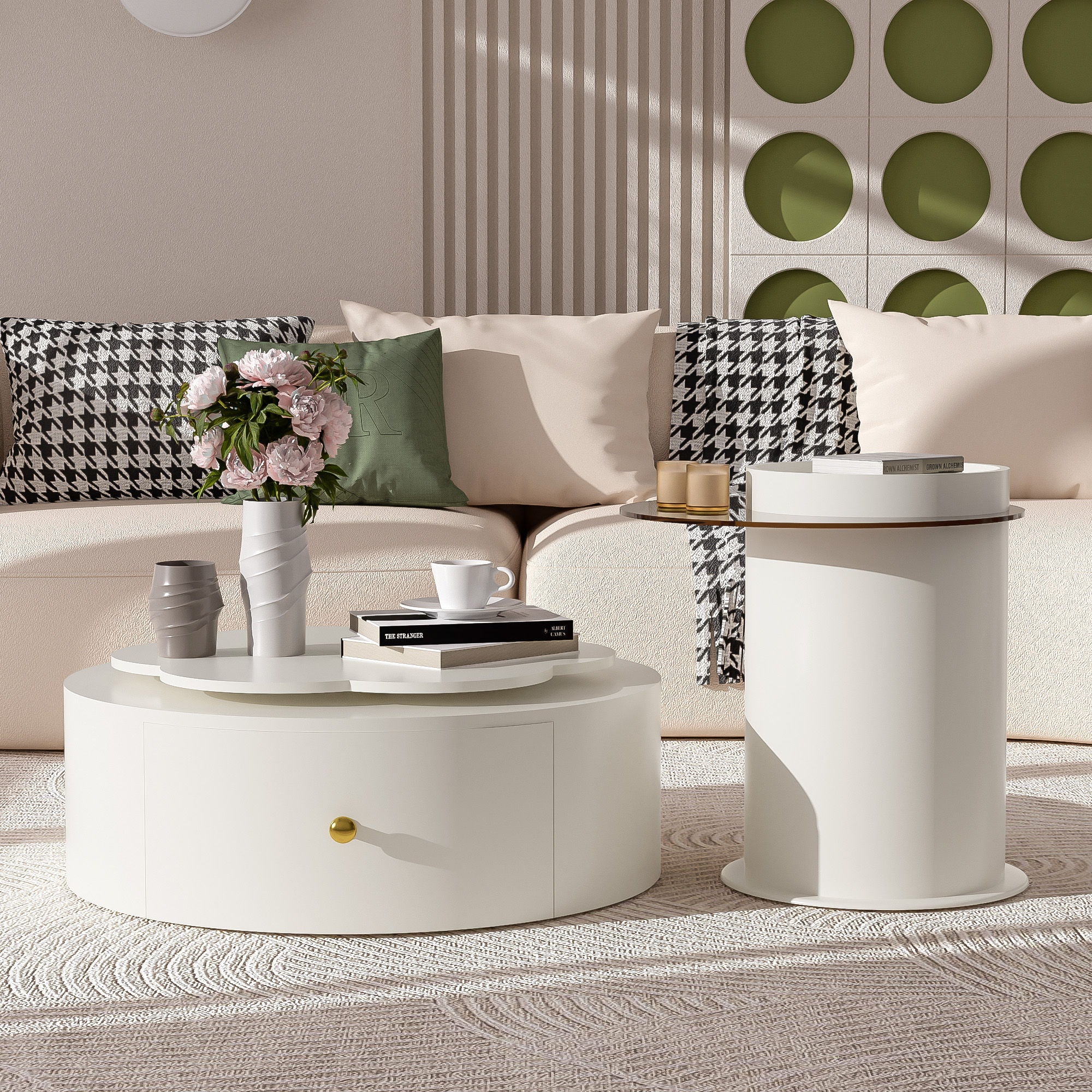 Modern Round Coffee Table (Set of 2), 360 Degree Rotatable Flower Shaped Top With 2 Drawers, Top Circle Side Table End Table With Glass For Living Room - Off White