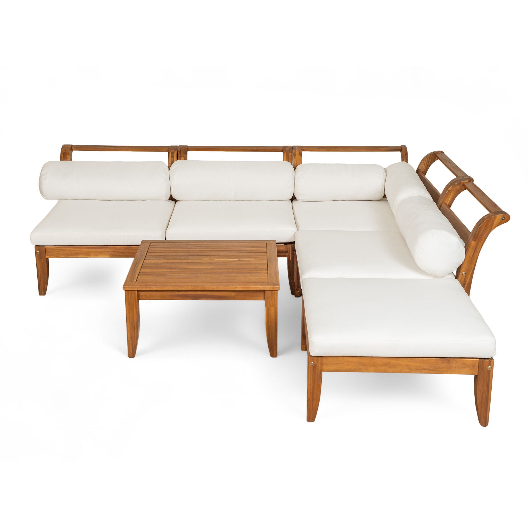 6 Piece Patio Sofa Set, Acacia Wood Outdoor Modular Sectional Garden Furniture Set L Shaped Conversation Set, Convertible Daybed With Tea Table, Ottoman, 5 Cushions And Pillows - Teak / Beige