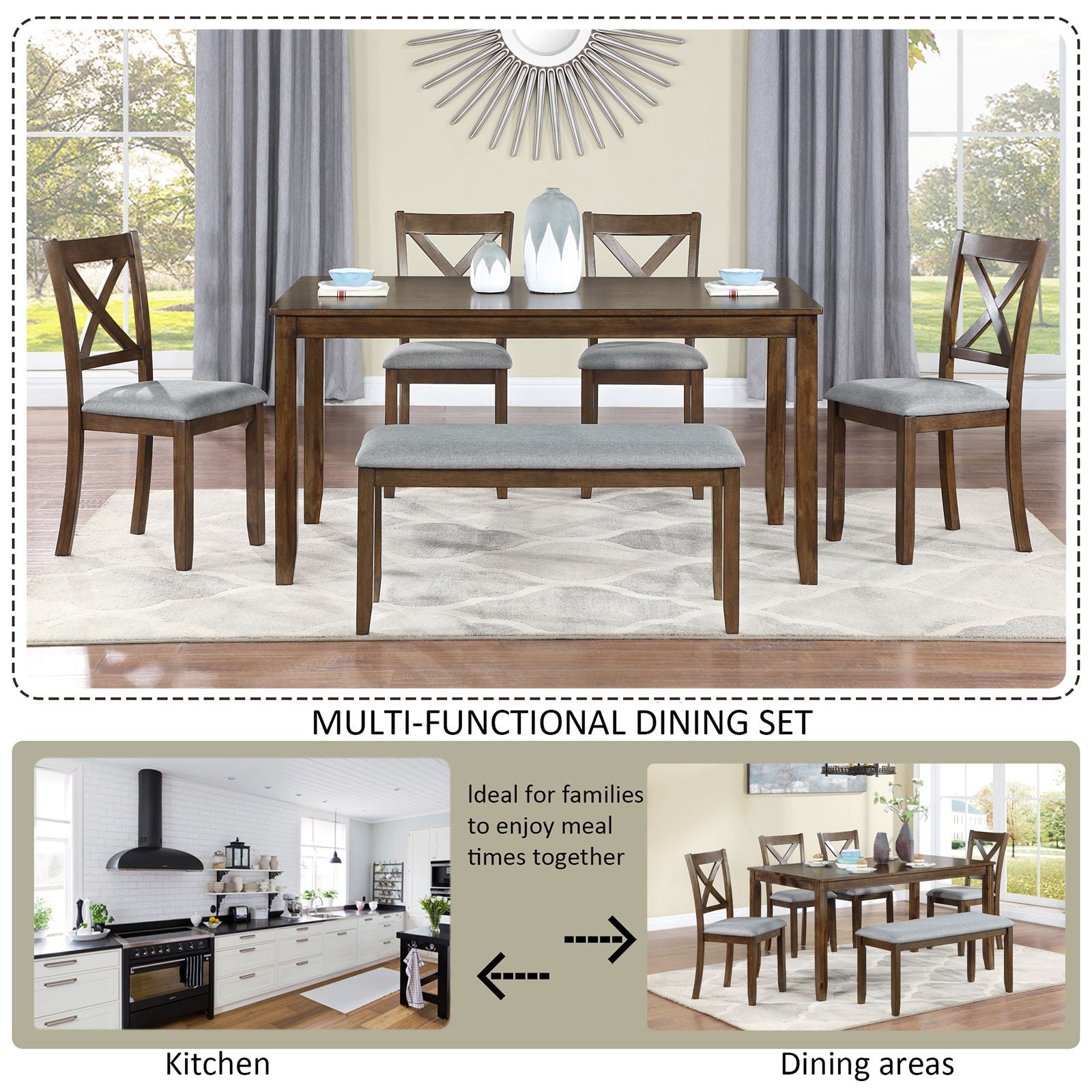 6 Pieces Kitchen Dining Set, Rectangular Wooden Dining Table With 4 Chairs And A Bench