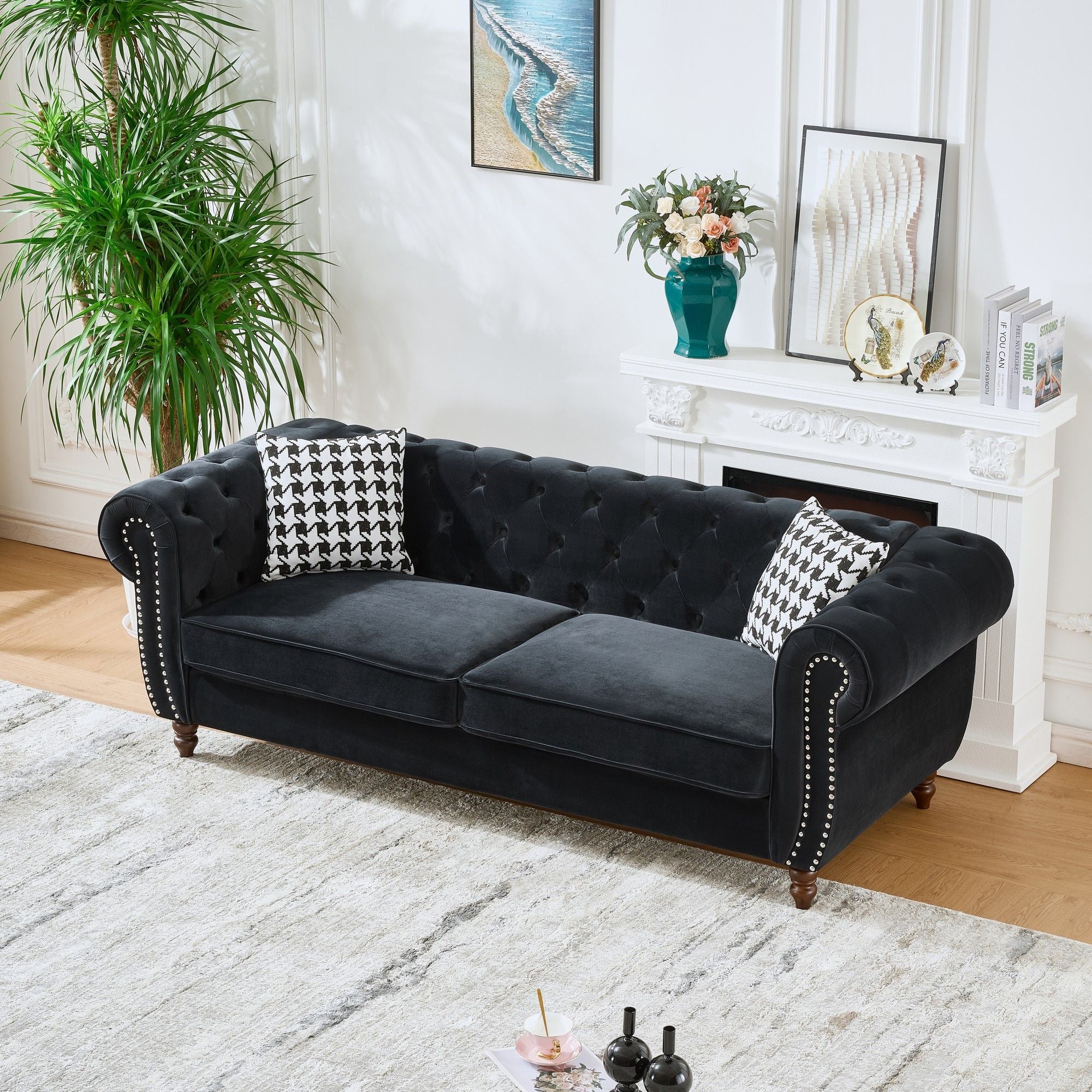 Chesterfield Upholstery Fabric Sofa With Roll Armrest & Nailhead, Mid Century Modern 3 And 3 Seater Couch