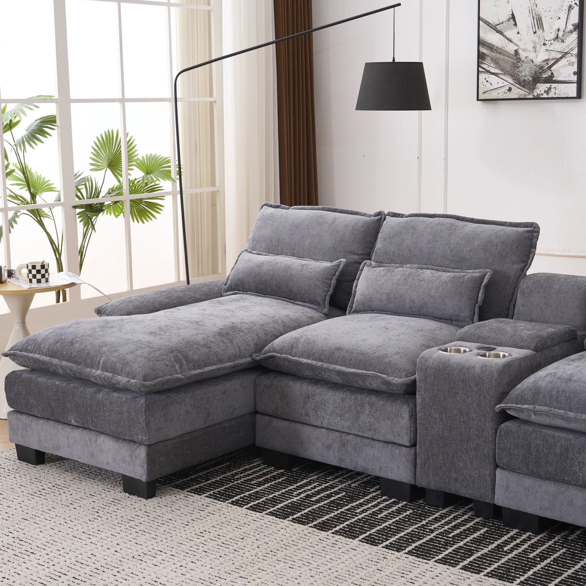 U Shaped Sofa With Console, Cupholders, USB Ports, 6 Seat, Bronzing Suede &