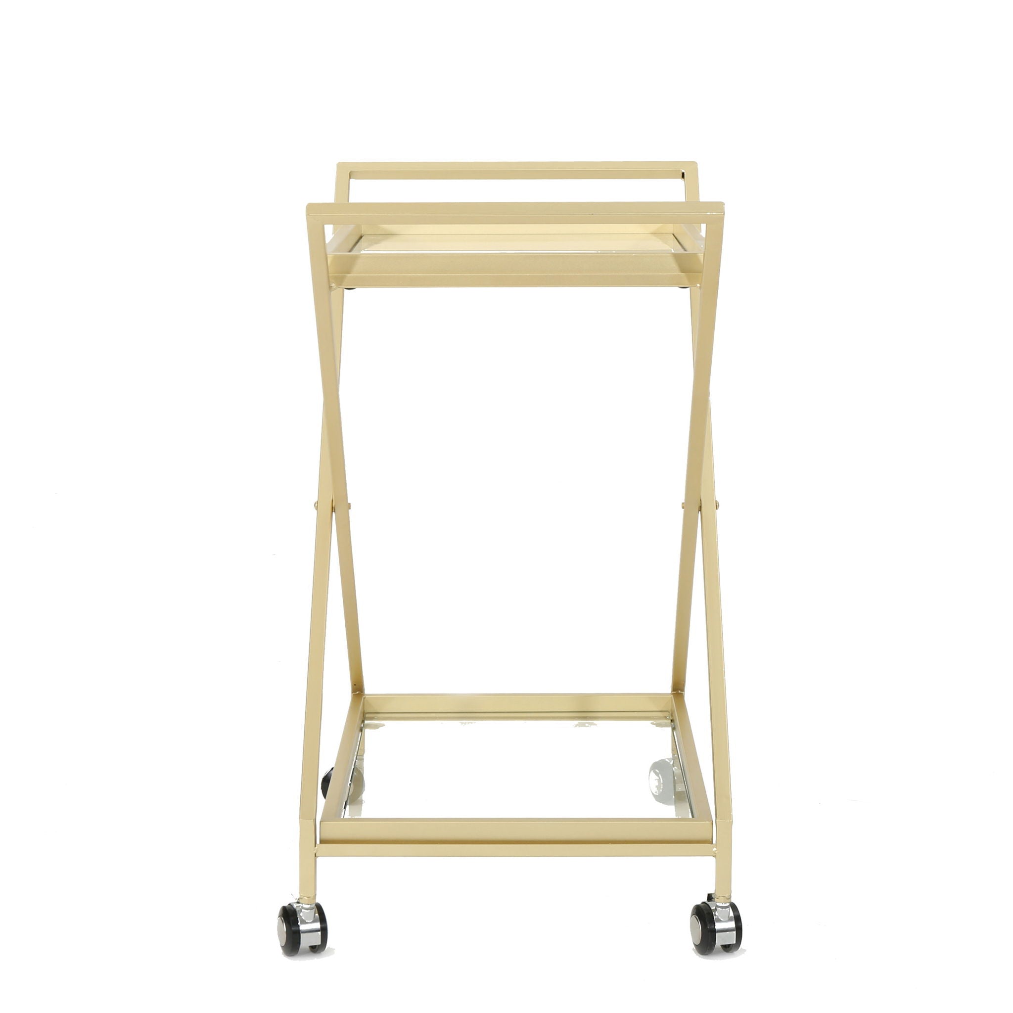 Sherianne - Industrial Bar Cart With Tempered Glass Shelves And Swivel Wheels - Gold