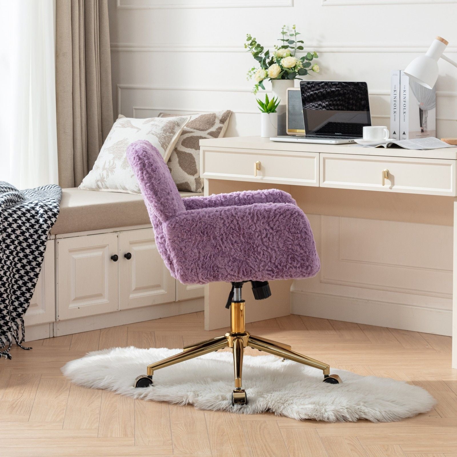 Office Chair, Artificial Rabbit Hair Home Office Chair With Metal Base, Adjustable Desk Chair Swivel Office Chair, Vanity Chair