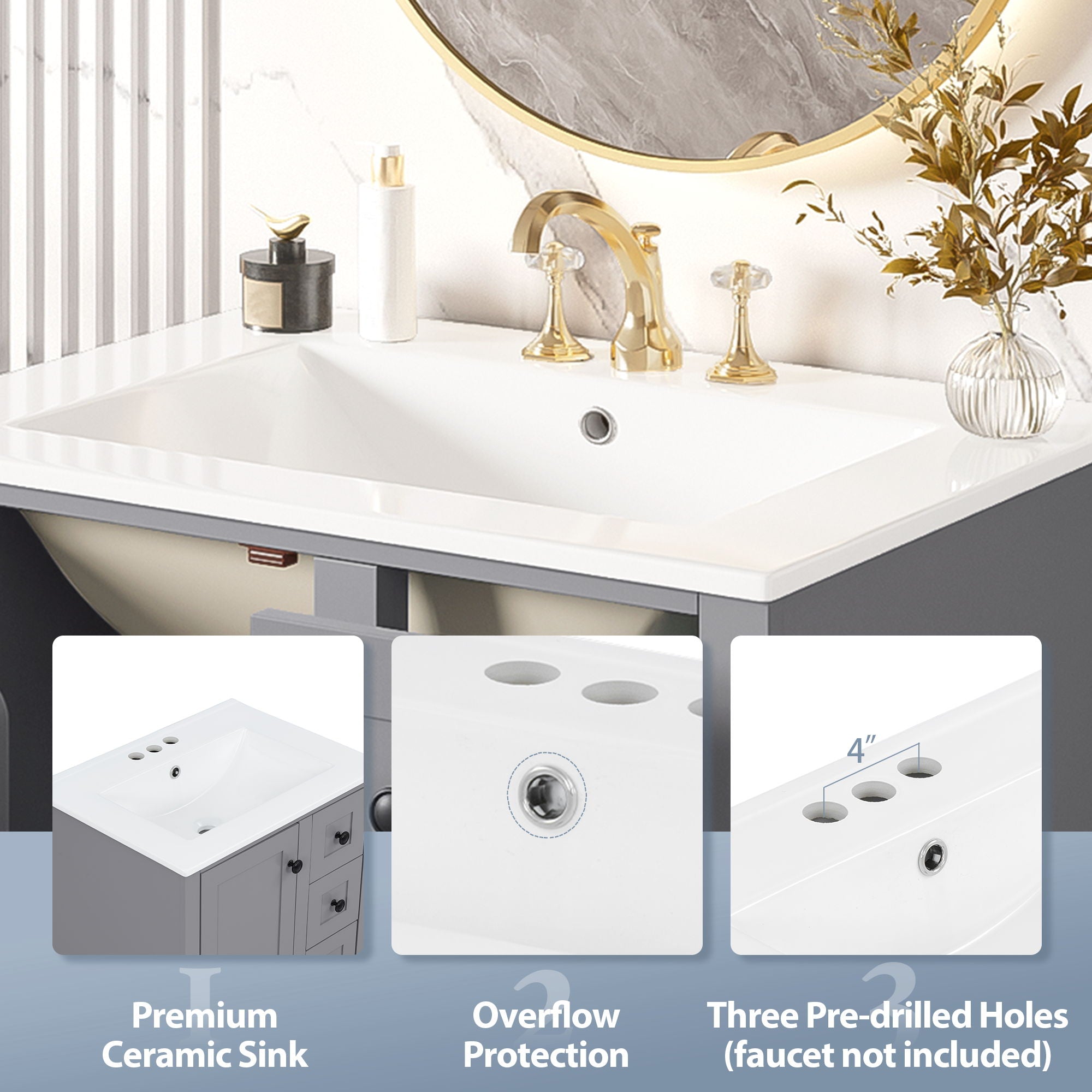 Bathroom Vanity With Integrated Basin, Soft Close Drawers, Door Mounted Double Layer Shelf