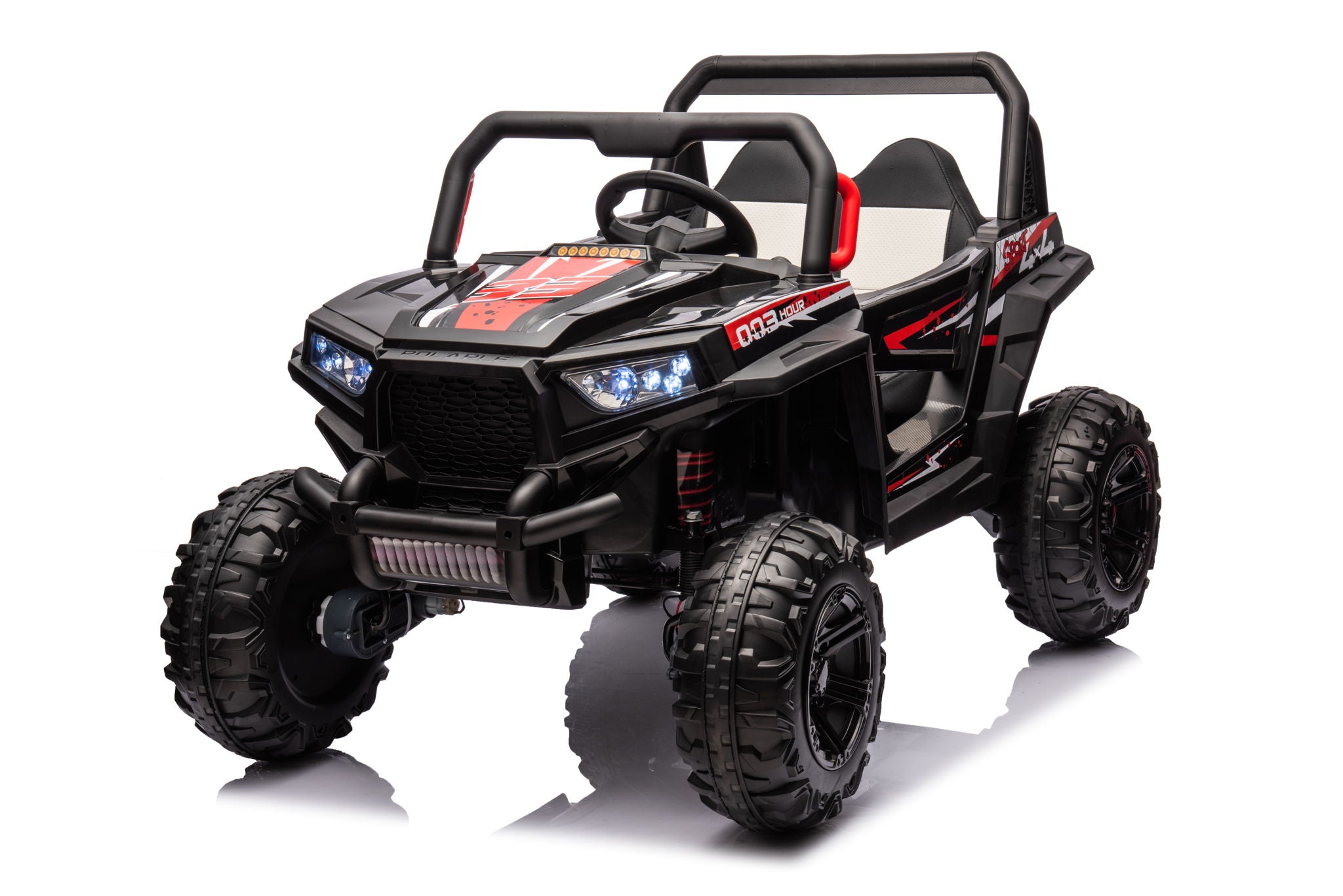 12V7A*2 30W*4 Four-Wheel Drive Seat One Button Start, Forward And Backward, High And Low Speed, Music, Front Light, Power Display, Two Doors Can Open, 2.4G R / C, Seat Belt Four Wheel Absorber