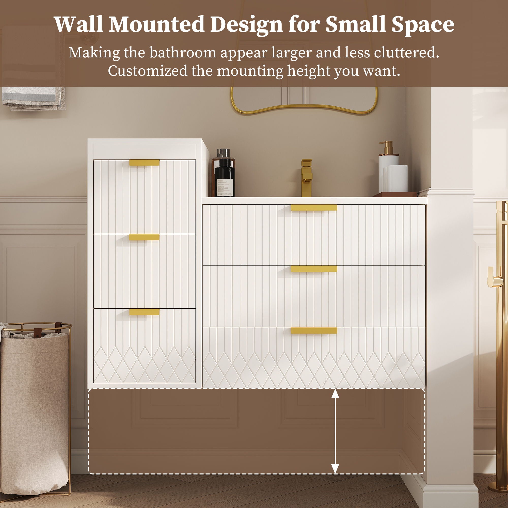 Wall Mounted Floating Cabinet With Double Drawer, Rectangular Sink
