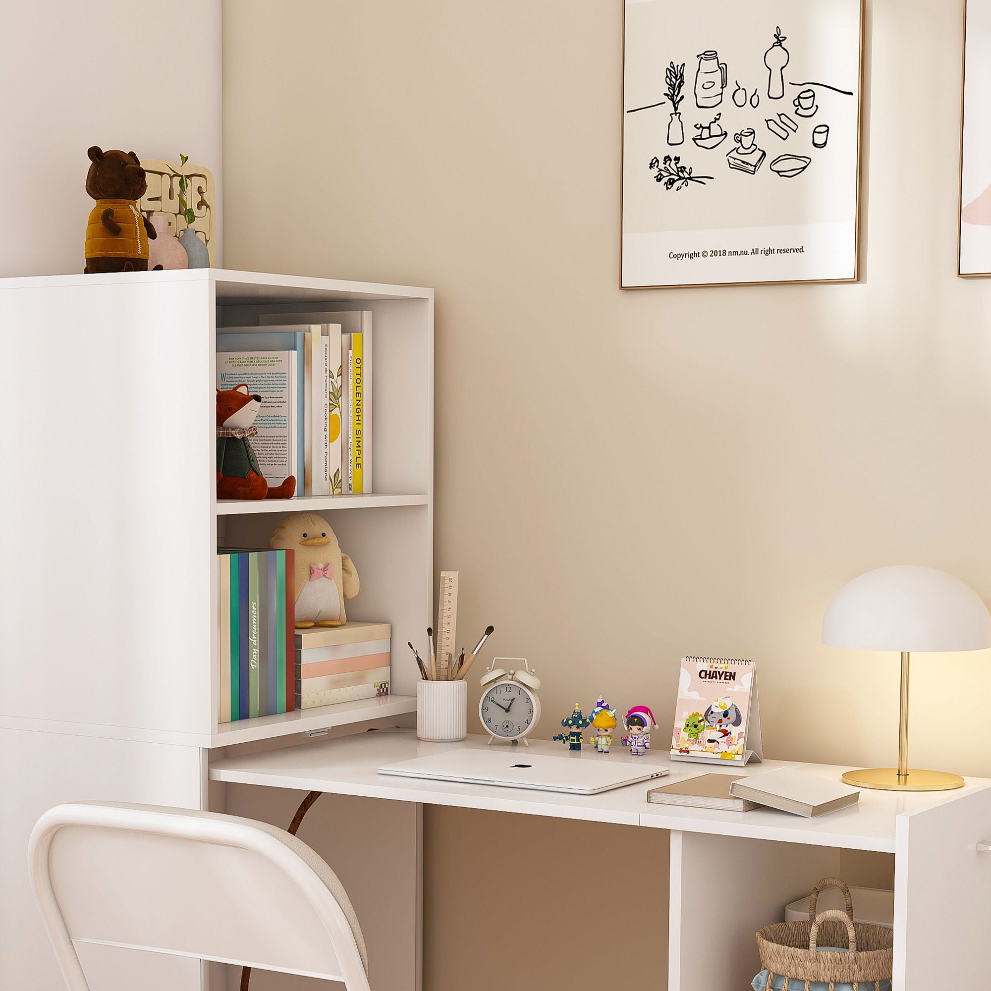 Stretchable Office Desk With Storage Shelves And Mobile Wheels