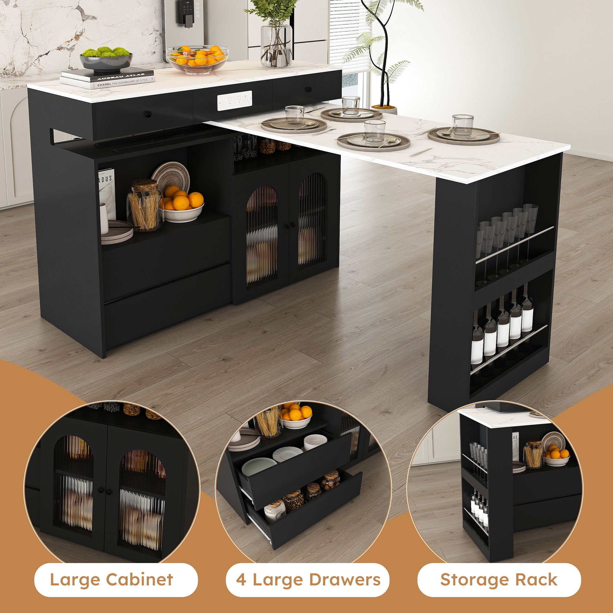 Retro Kitchen Island Set With Chairs, Extendable & Rotating Table, 4 Drawers & Door Cabinets