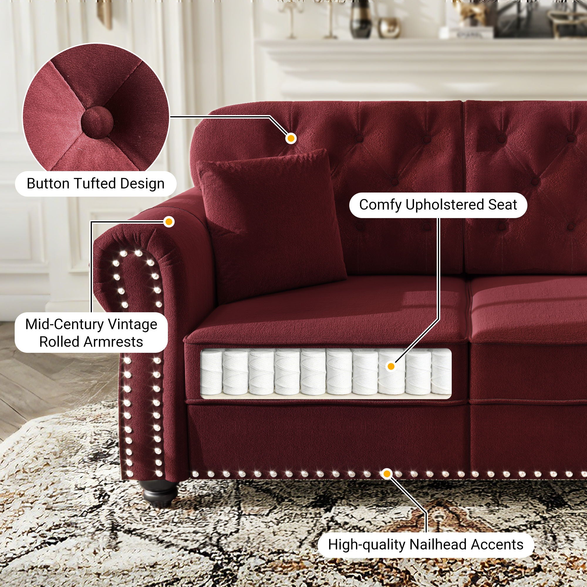Upholstered Sofa With Nailhead Trim And Rolled Armrests