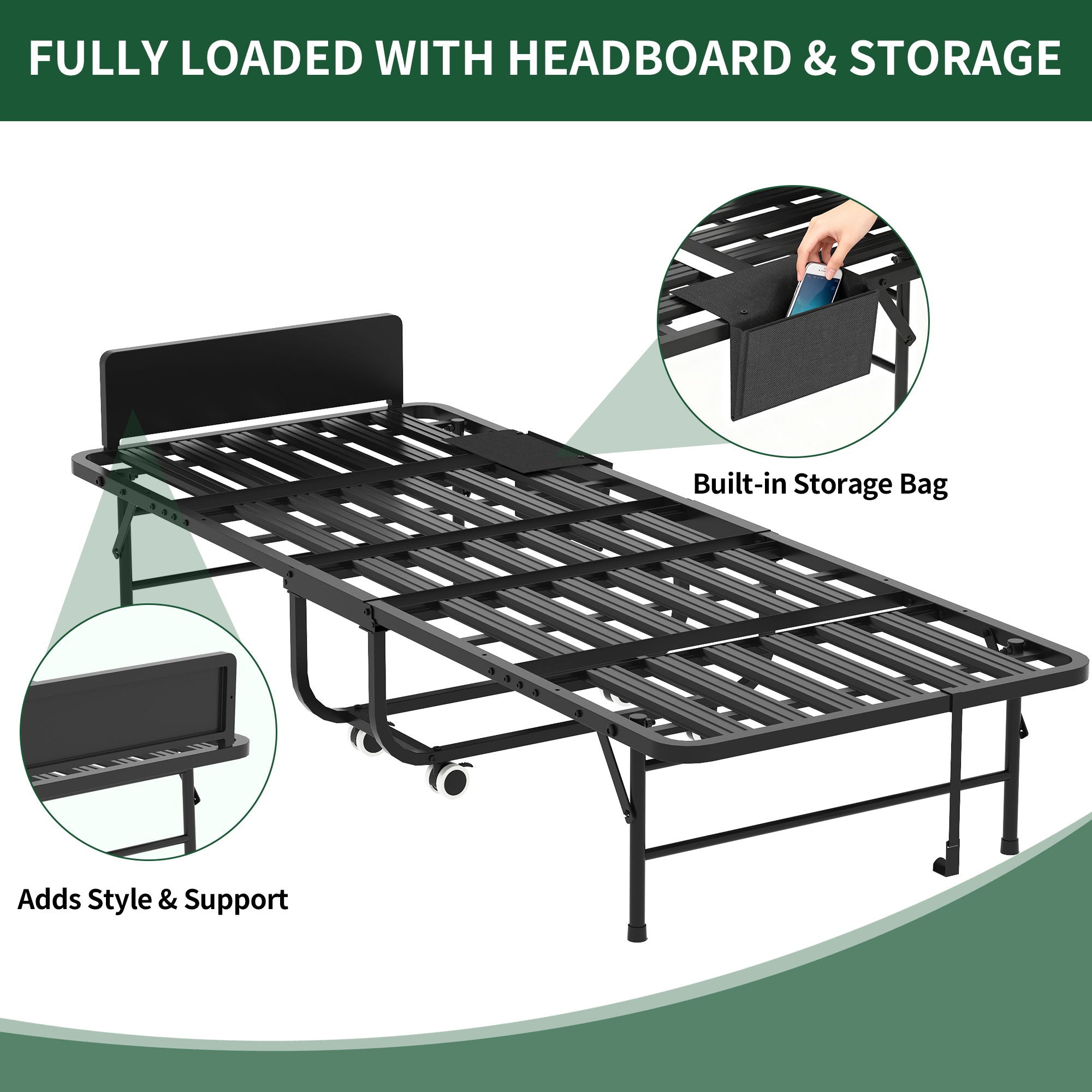 Twin Folding Bed With Adjustable Headboard & Memory Foam, Space Saving Rollaway Guest For Tall People, Portable On Wheels, Easy Assembly - Black