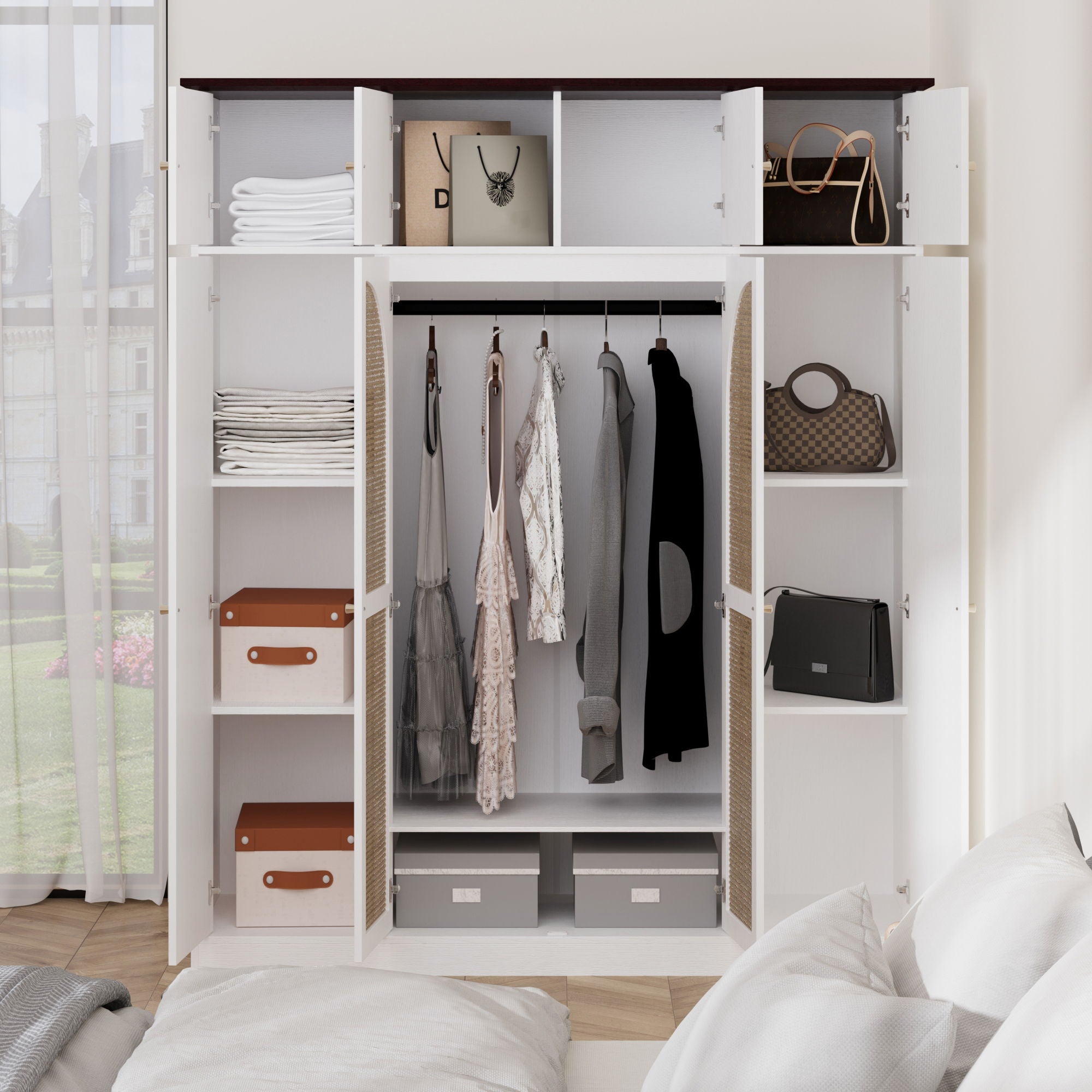 8 Door Armoire Wardrobe With Adjustable Shelves And Hanging Rod